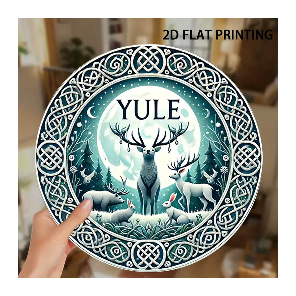 Potdemiel 2D-Wandbehang aus Holz mit Hirsch und Mond im Vintage-Stil, mehrfarbig, quadratisch, hängend mit Schnur - Bild 5