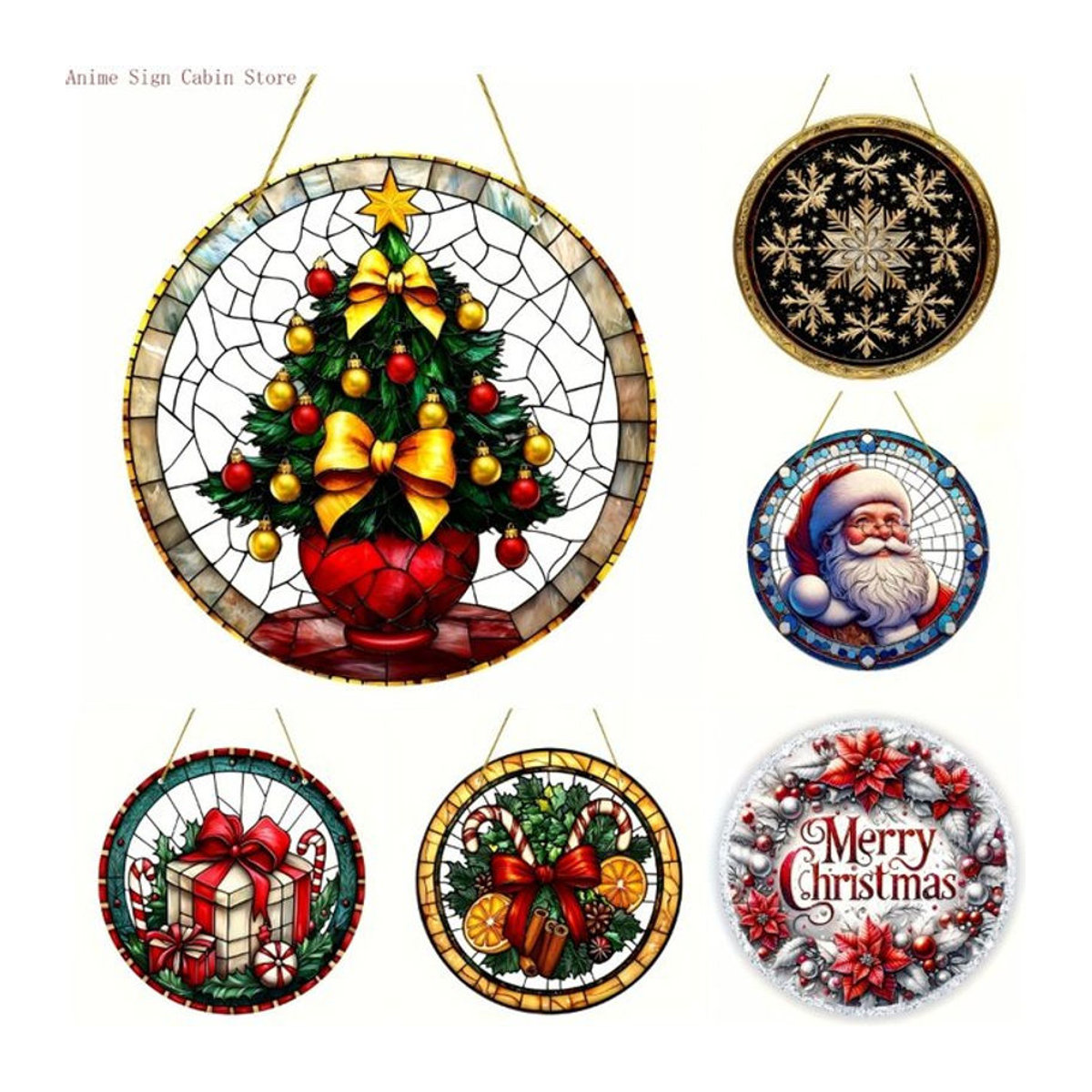 Potdemiel 2D Weihnachts-Sonnenfänger aus Acryl in Mehrfarbig, runder Buntglas-Fensterschmuck mit floralem Design zum Aufhängen - Bild 1