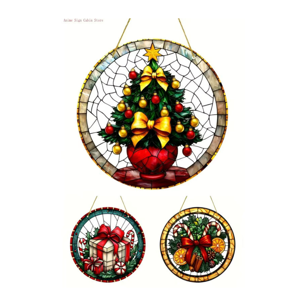 Potdemiel 2D Weihnachts-Sonnenfänger aus Acryl in Mehrfarbig, runder Buntglas-Fensterschmuck mit floralem Design zum Aufhängen - Bild 3