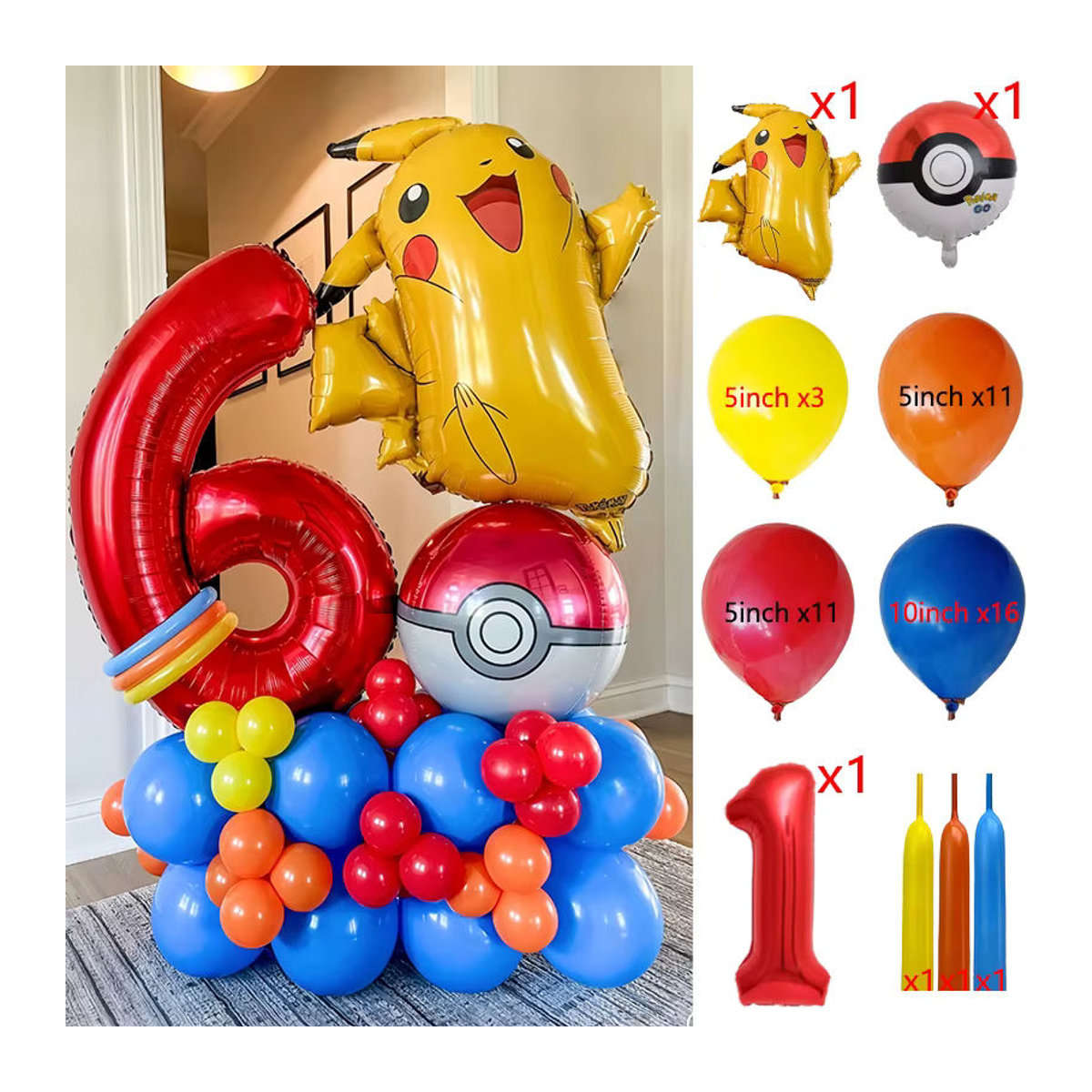 Potdemiel 47-teiliges Cartoon Monster Pikachu Ballon Set in Mehrfarbig für Kindergeburtstage und Baby Shower Dekorationen - Bild 2