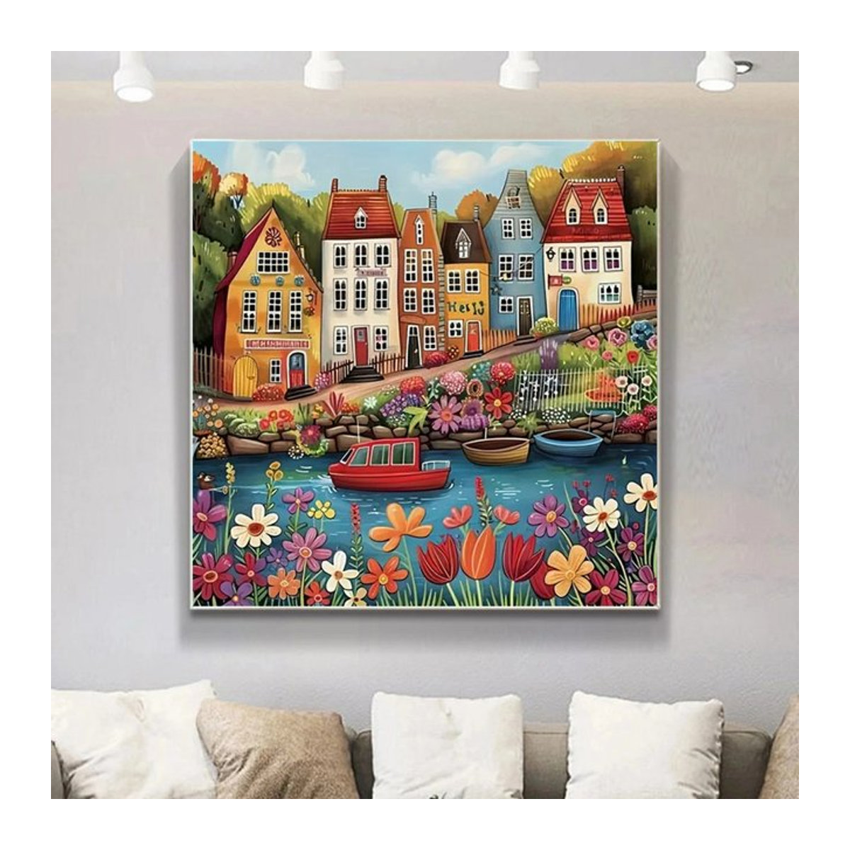 Potdemiel 5D Diamant Malerei Set DIY Stickerei Kit mit buntem Haus und Landschaft zur Wandmontage, mehrfarbig - Bild 1