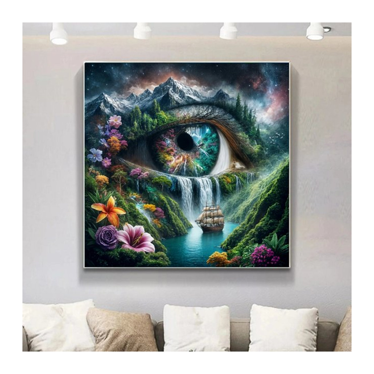 Potdemiel 5D Diamant Malerei Set mit floralem Motiv und Wasserfall in Mehrfarbig zur Wandmontage - Bild 1