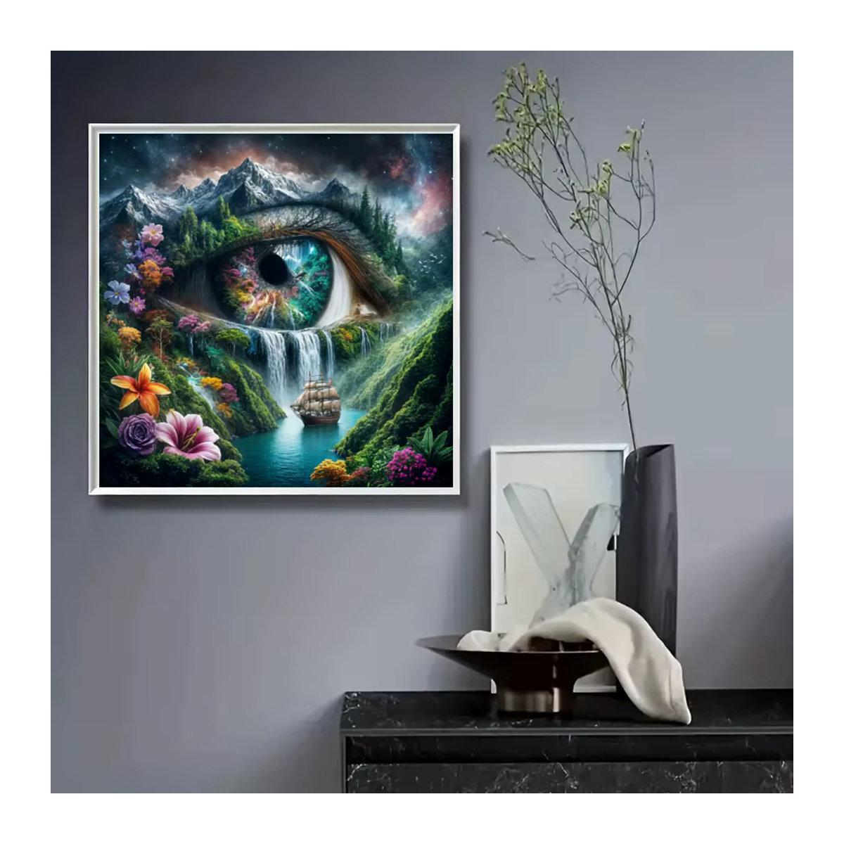 Potdemiel 5D Diamant Malerei Set mit floralem Motiv und Wasserfall in Mehrfarbig zur Wandmontage - Bild 3