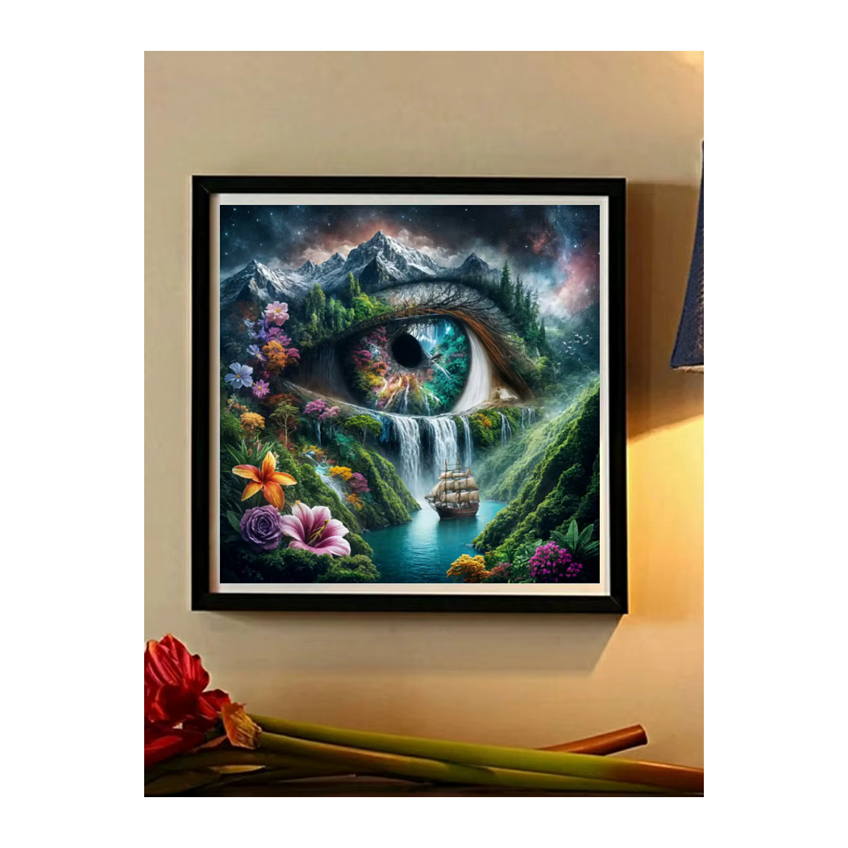 Potdemiel 5D Diamant Malerei Set mit floralem Motiv und Wasserfall in Mehrfarbig zur Wandmontage - Bild 4
