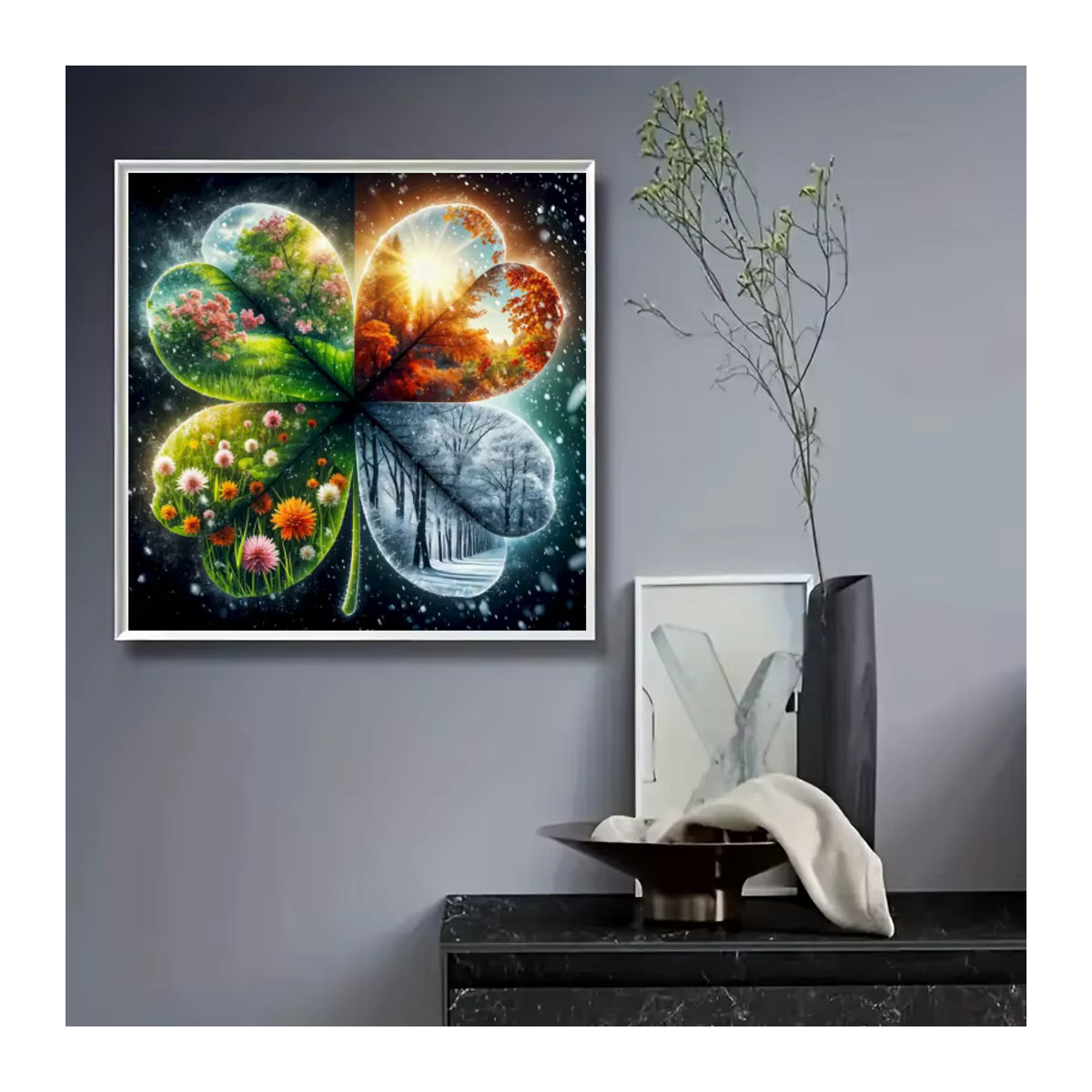 Potdemiel 5D Diamantgemälde Set mit floralem Motiv und vierblättrigem Kleeblatt in Mehrfarbig zur Wandmontage - Bild 3