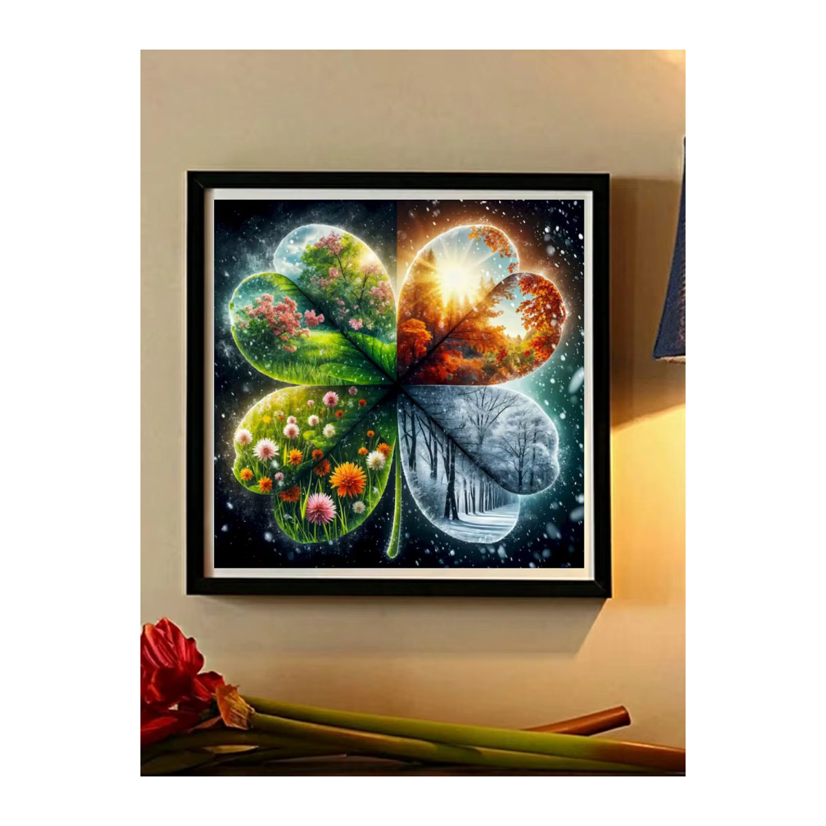 Potdemiel 5D Diamantgemälde Set mit floralem Motiv und vierblättrigem Kleeblatt in Mehrfarbig zur Wandmontage - Bild 4