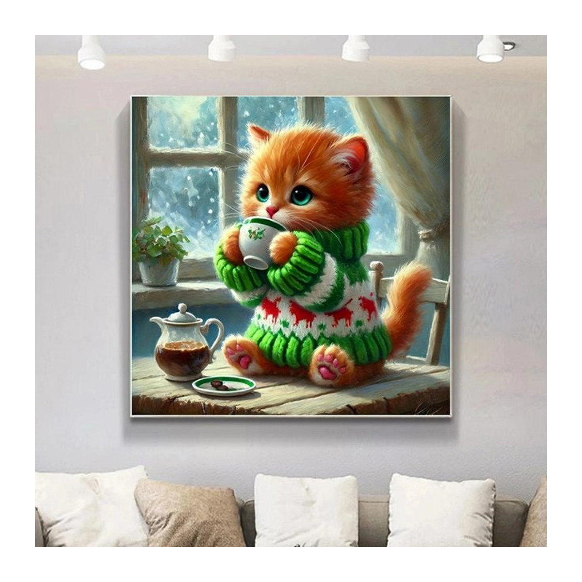 Potdemiel 5D Diamantgemälde Set mit Katzen und Tee Motiv in Mehrfarbig als Diamantmosaik zur Wandmontage - Bild 1