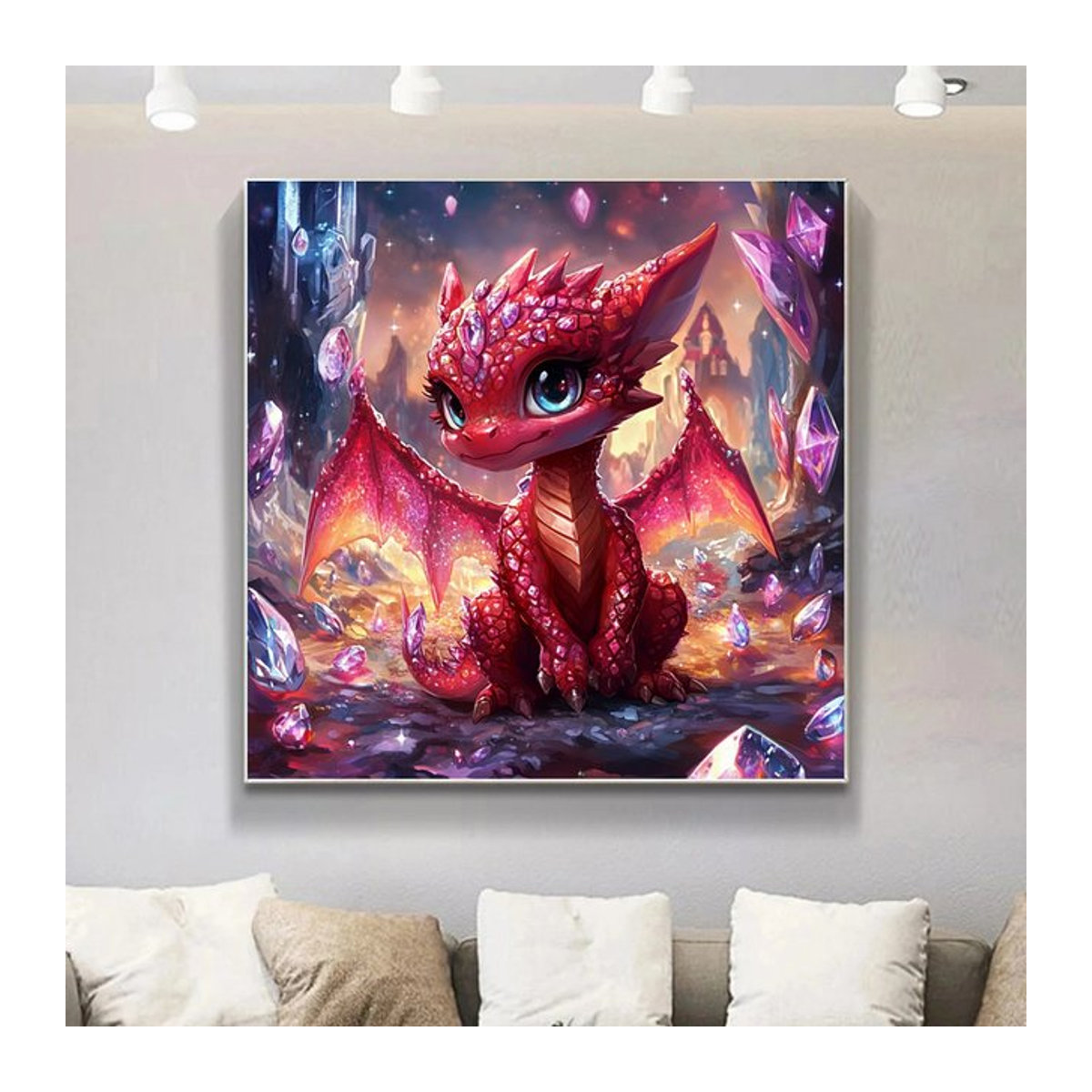 Potdemiel 5D-Diamantgemälde zum Selbermachen mit süßem Feuerdrachen in Rot als Kristall-Diamant-Mosaik-Tier-Komplettset zur Wandmontage - Bild 1