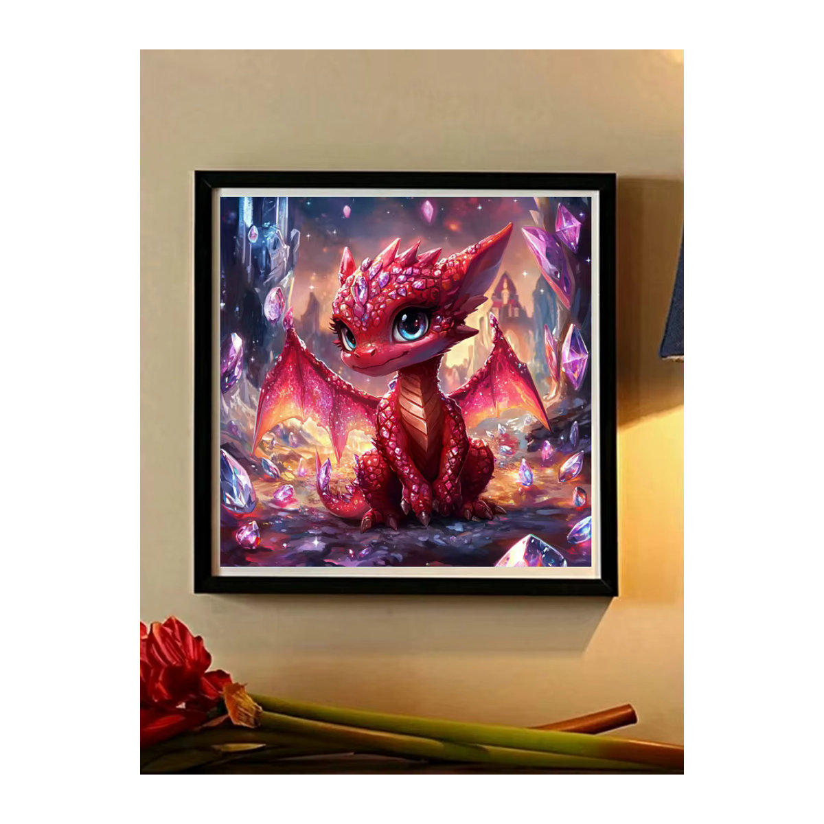 Potdemiel 5D-Diamantgemälde zum Selbermachen mit süßem Feuerdrachen in Rot als Kristall-Diamant-Mosaik-Tier-Komplettset zur Wandmontage - Bild 5