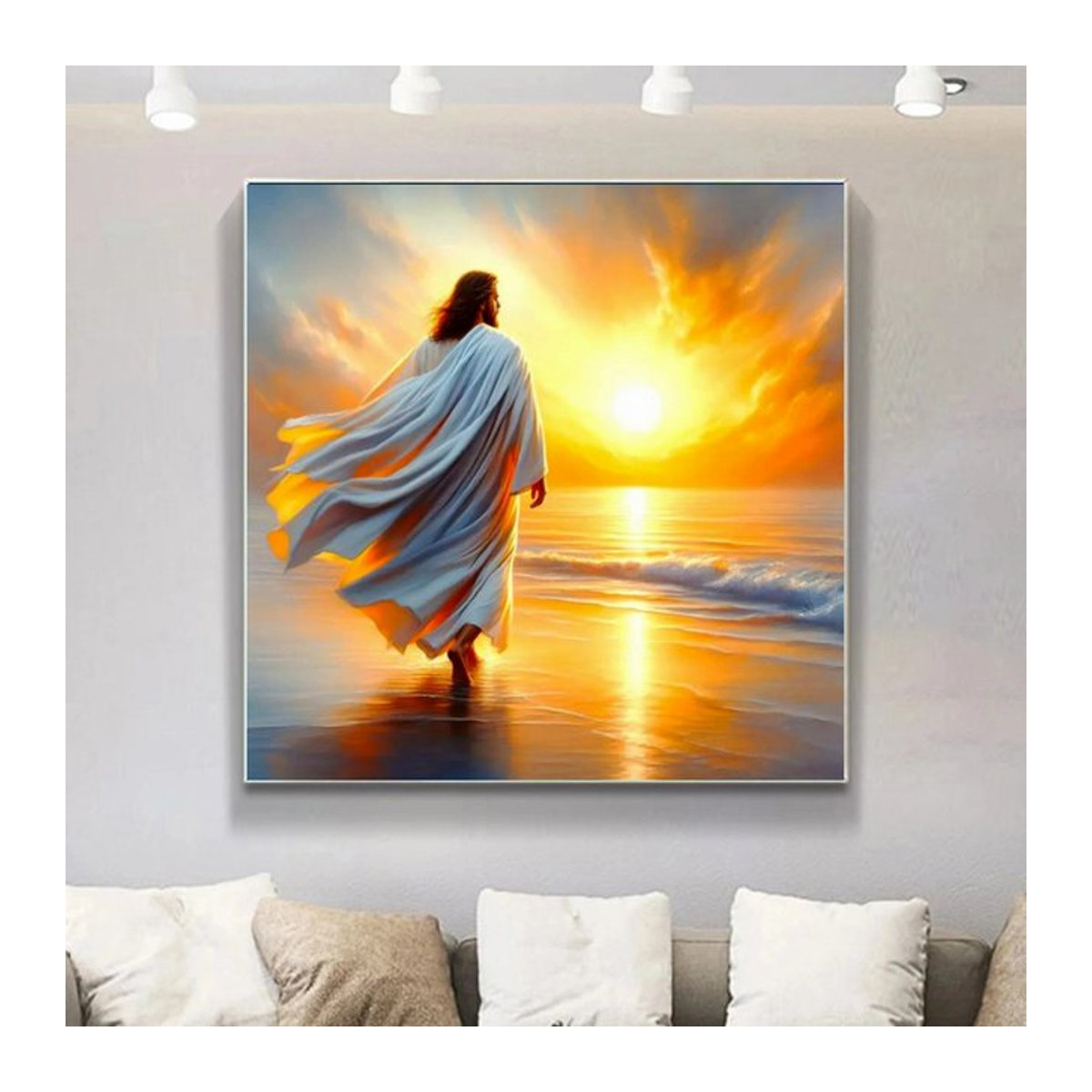 Potdemiel 5D Diamantmalerei Jesus-Porträt mit Sonnenuntergang als mehrfarbige Strass-Stickerei und rundem Diamant-Mosaik zur Wandmontage - Bild 1