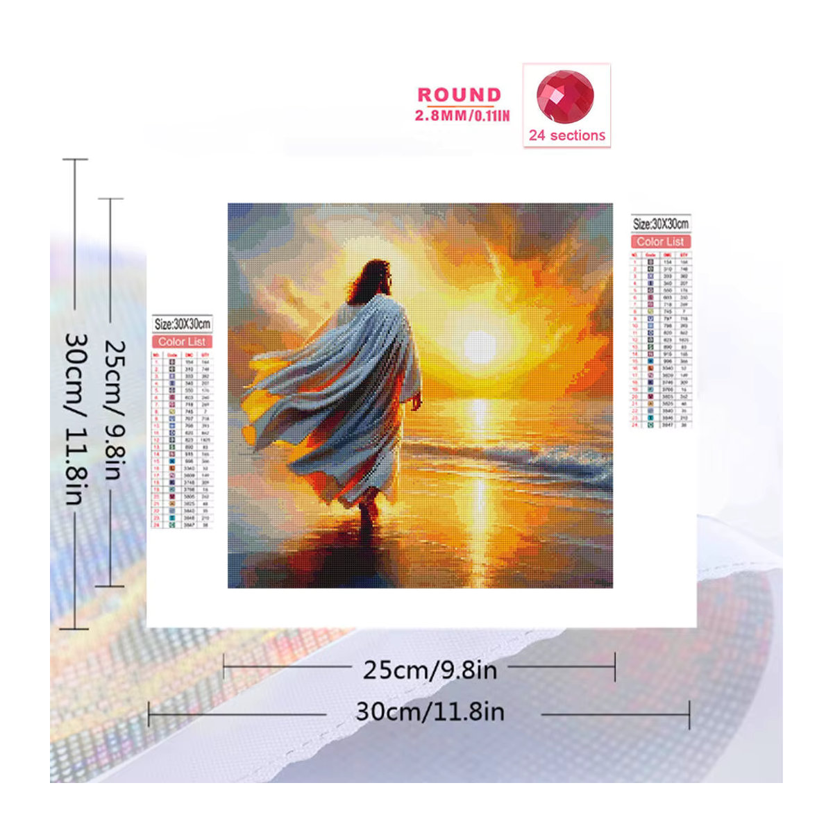 Potdemiel 5D Diamantmalerei Jesus-Porträt mit Sonnenuntergang als mehrfarbige Strass-Stickerei und rundem Diamant-Mosaik zur Wandmontage - Bild 2