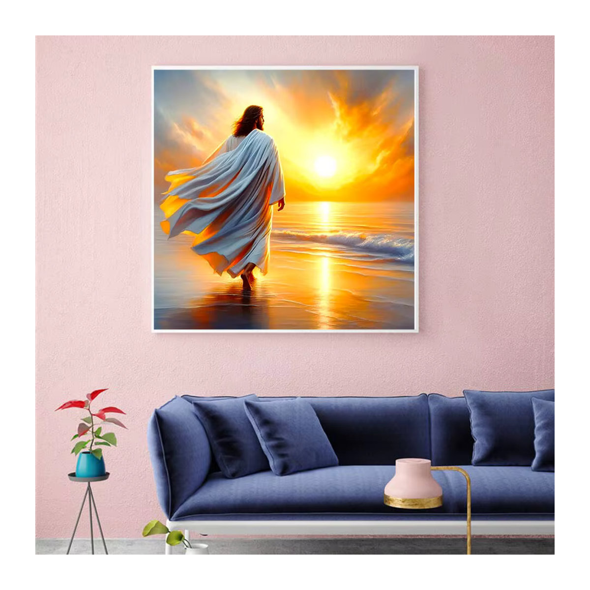 Potdemiel 5D Diamantmalerei Jesus-Porträt mit Sonnenuntergang als mehrfarbige Strass-Stickerei und rundem Diamant-Mosaik zur Wandmontage - Bild 3
