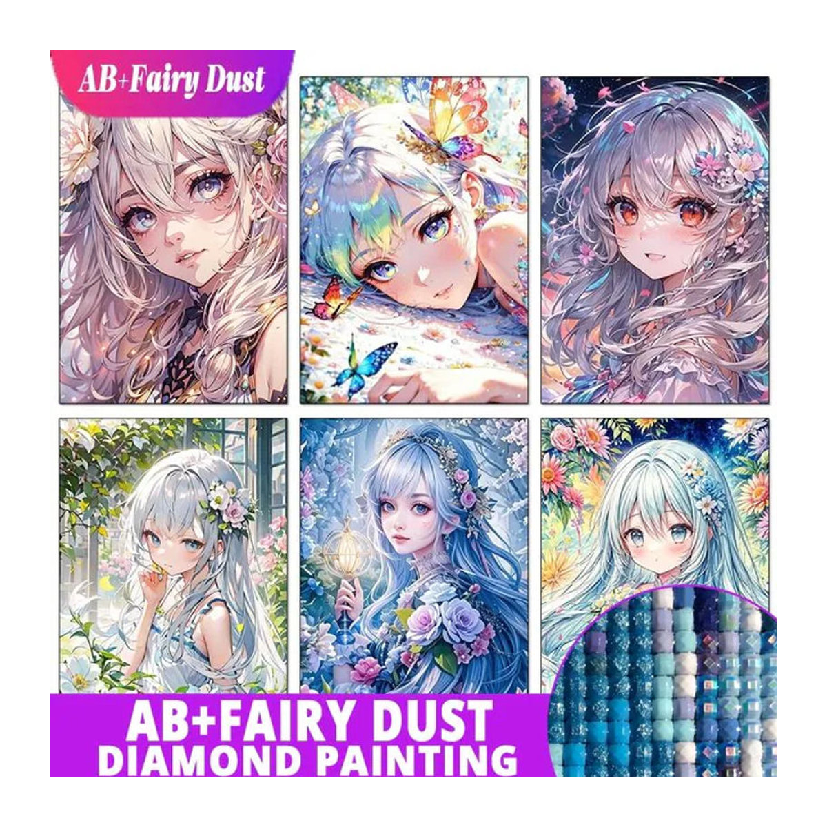 Potdemiel AB Fairy Dust Diamantmalerei Set mit Anime Mädchen und Blumenmotiv, 5D DIY Kreuzstich Kit für Hobby und Dekoration, Mehrfarbig - Bild 1