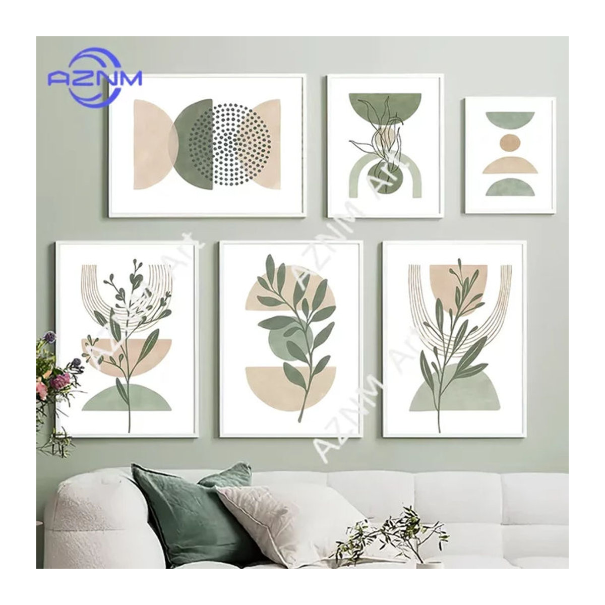 Potdemiel Abstrakte Boho Wandkunst Leinwand mit grünen Blättern und geometrischen Formen in Hochformat - Bild 1