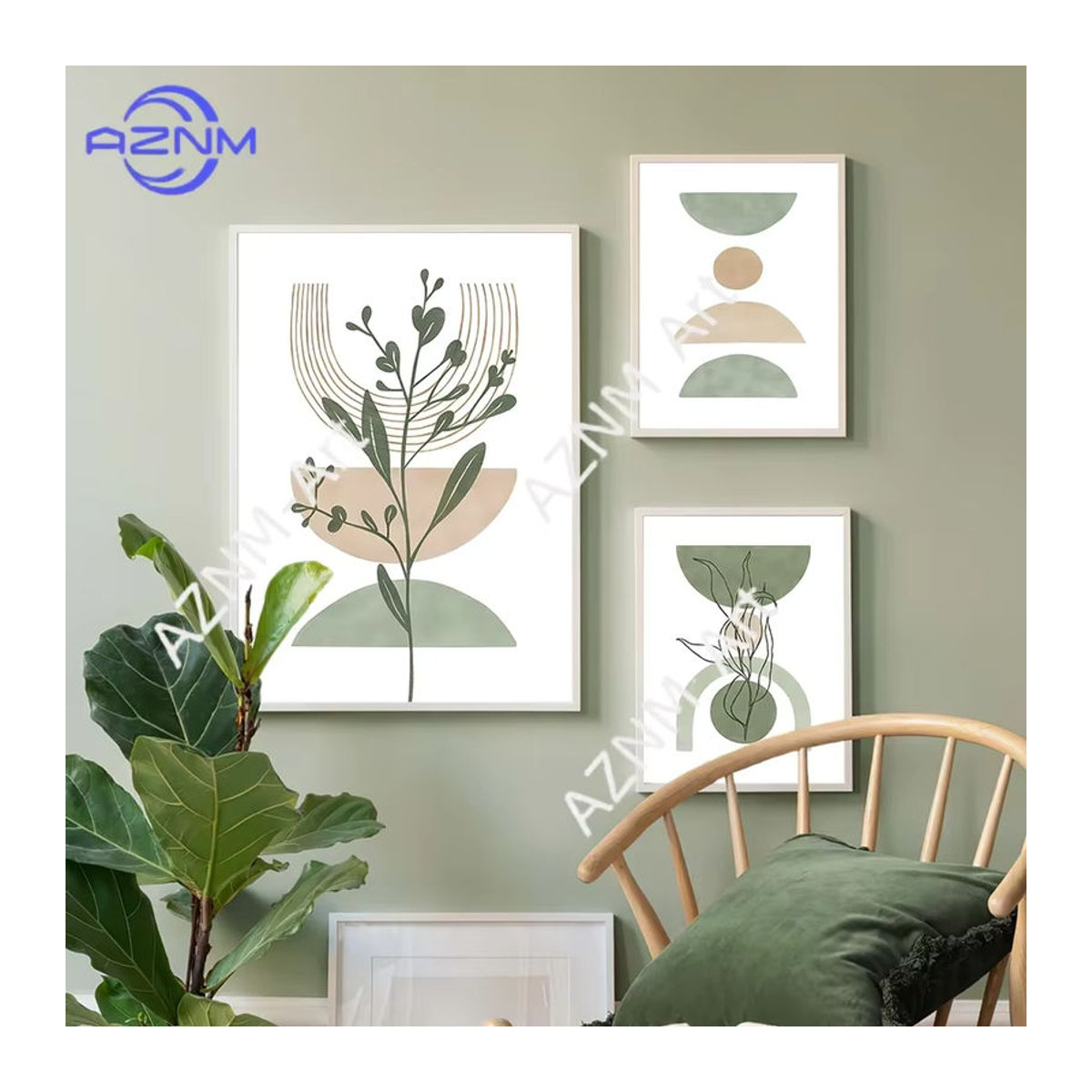 Potdemiel Abstrakte Boho Wandkunst Leinwand mit grünen Blättern und geometrischen Formen in Hochformat - Bild 2