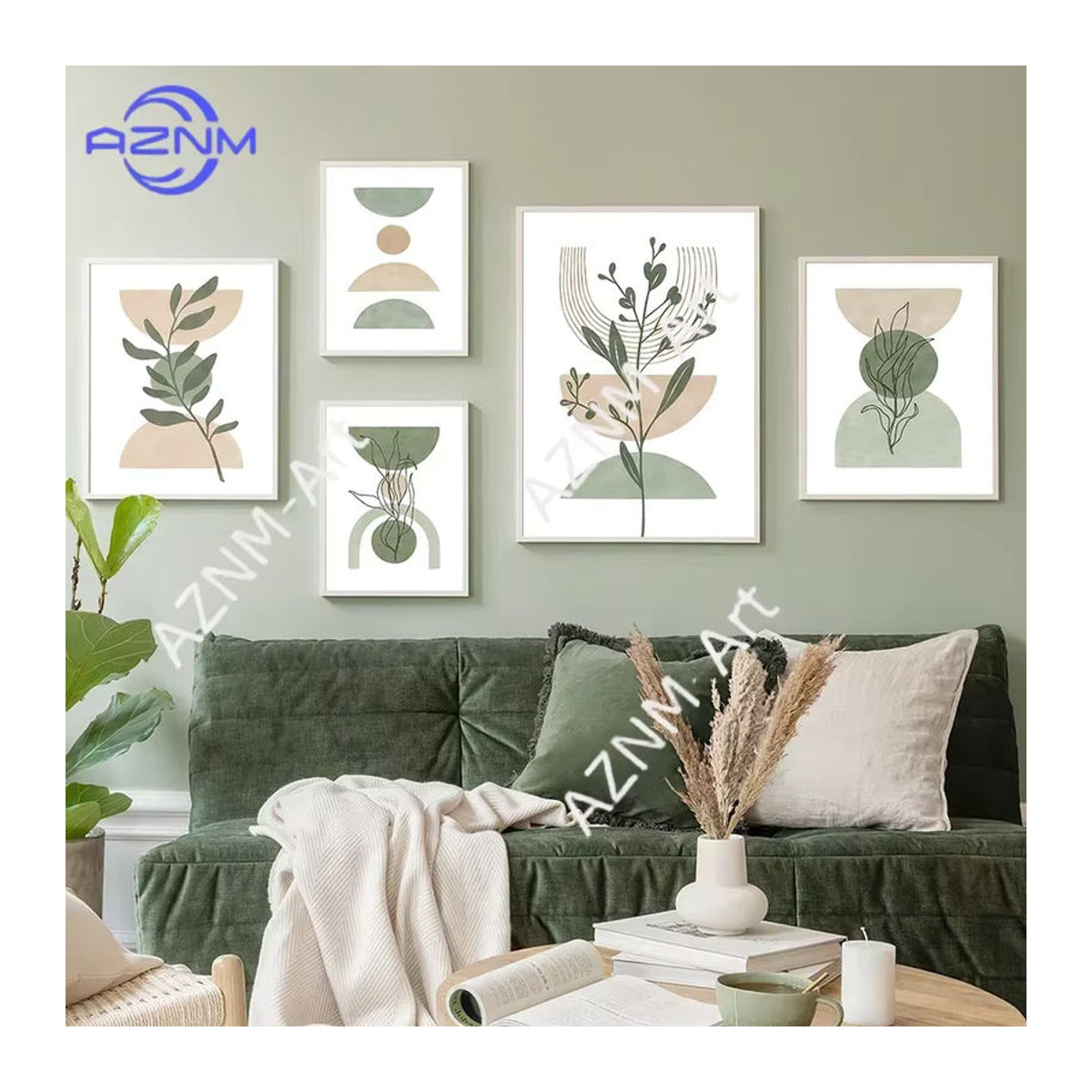Potdemiel Abstrakte Boho Wandkunst Leinwand mit grünen Blättern und geometrischen Formen in Hochformat - Bild 3