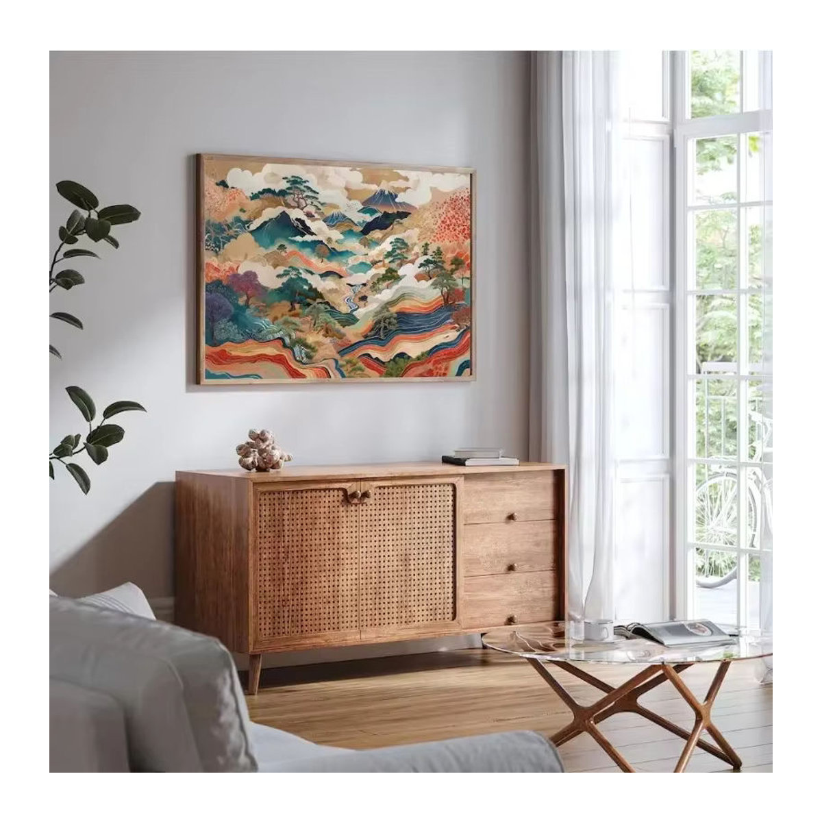 Potdemiel Abstrakte Landschaft Leinwandmalerei im Querformat, Mehrfarbiges Japanisches Natur Poster für deine Wanddekoration - Bild 1