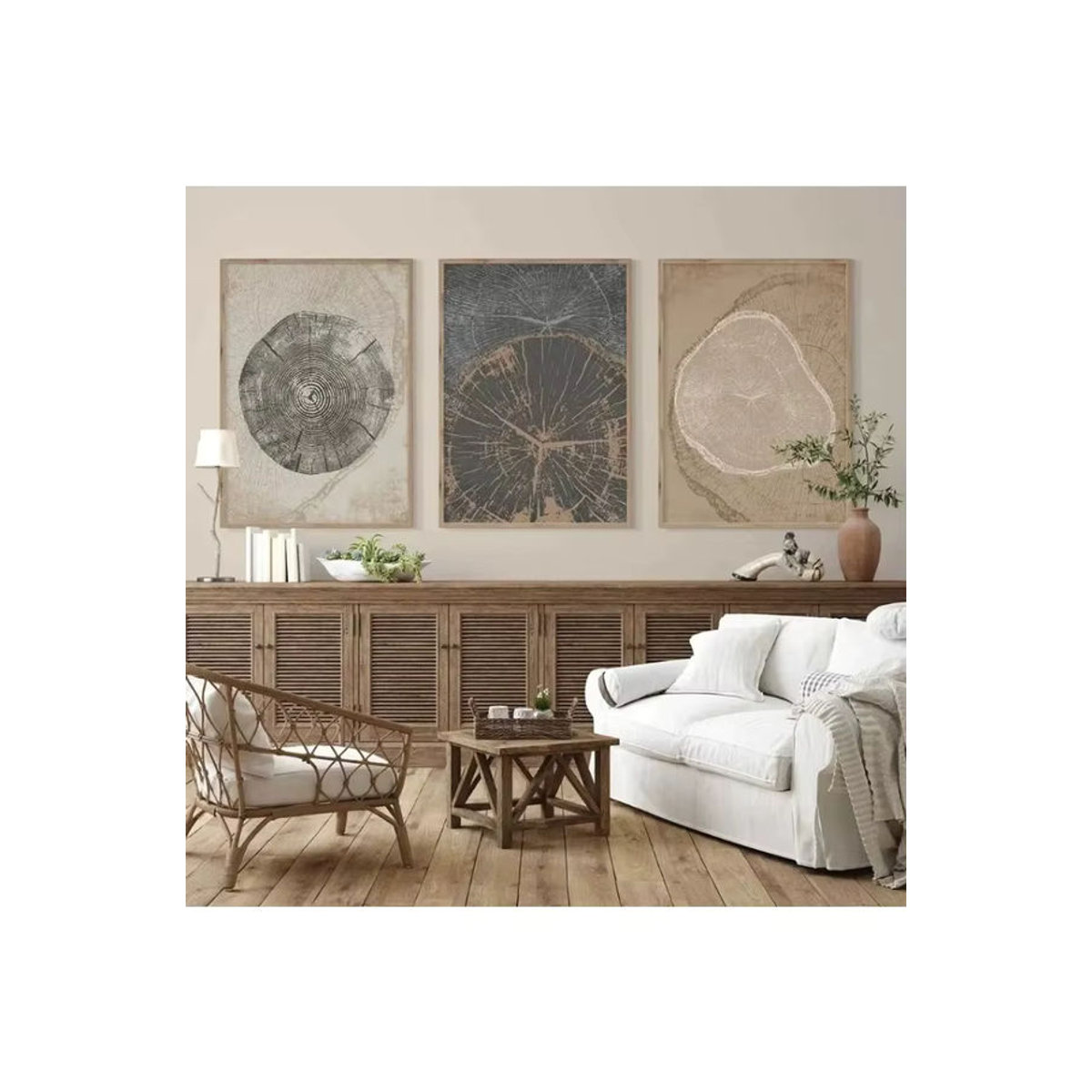 Potdemiel Abstrakte Leinwand mit Baumringen in Beige, minimalistische Wandkunst im Hochformat für deine moderne Heimdekoration - Bild 3