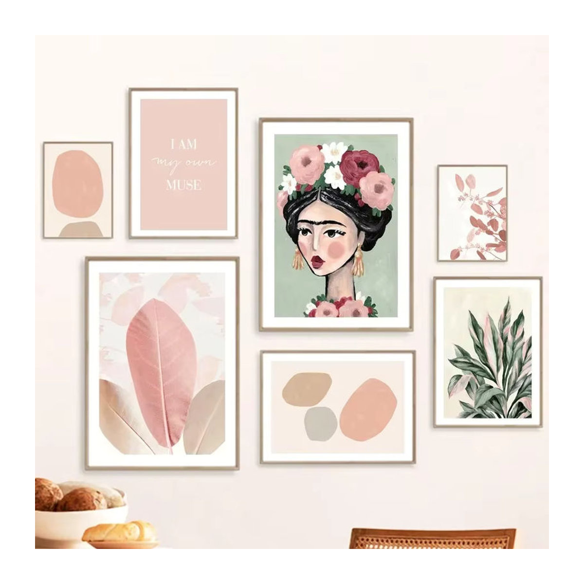 Potdemiel Abstrakte Leinwand Wandkunst mit Blumenmädchen und geometrischen Formen in Rosa und Grün - Bild 2