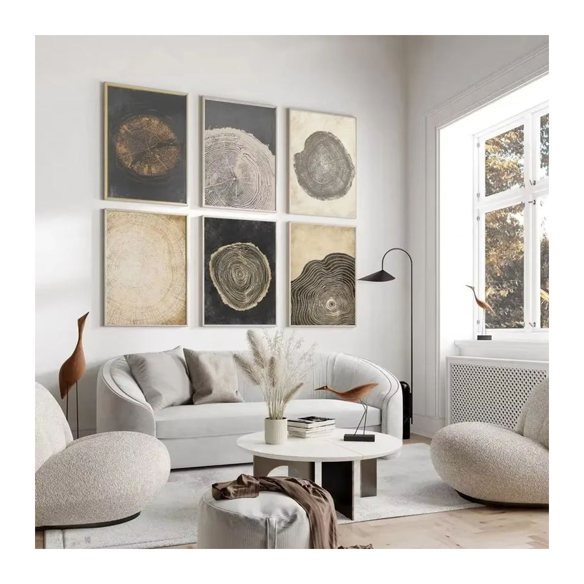 Potdemiel Abstrakte Leinwand Wandkunst mit Holz-Baum-Ringen im Boho-Stil, Mehrfarbiges Nordisches Poster für dein Wohnzimmer - Bild 2
