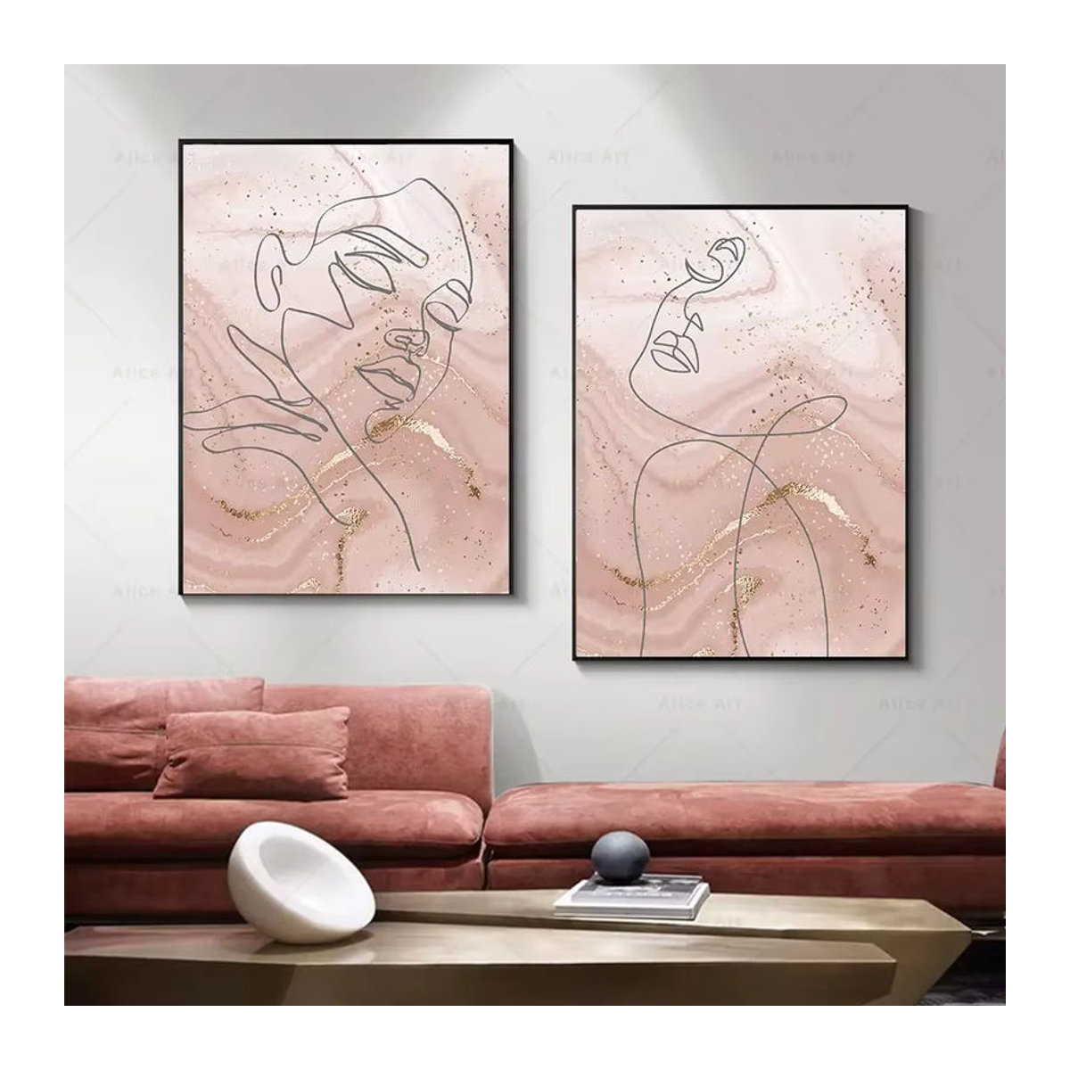 Potdemiel Abstrakte Leinwandmalerei in Gold und Rosa mit Körper-Linienzeichnung im skandinavischen Stil - Bild 2