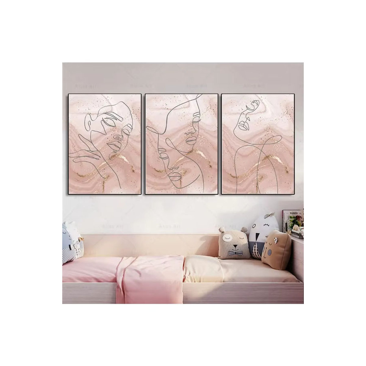 Potdemiel Abstrakte Leinwandmalerei in Gold und Rosa mit Körper-Linienzeichnung im skandinavischen Stil - Bild 3