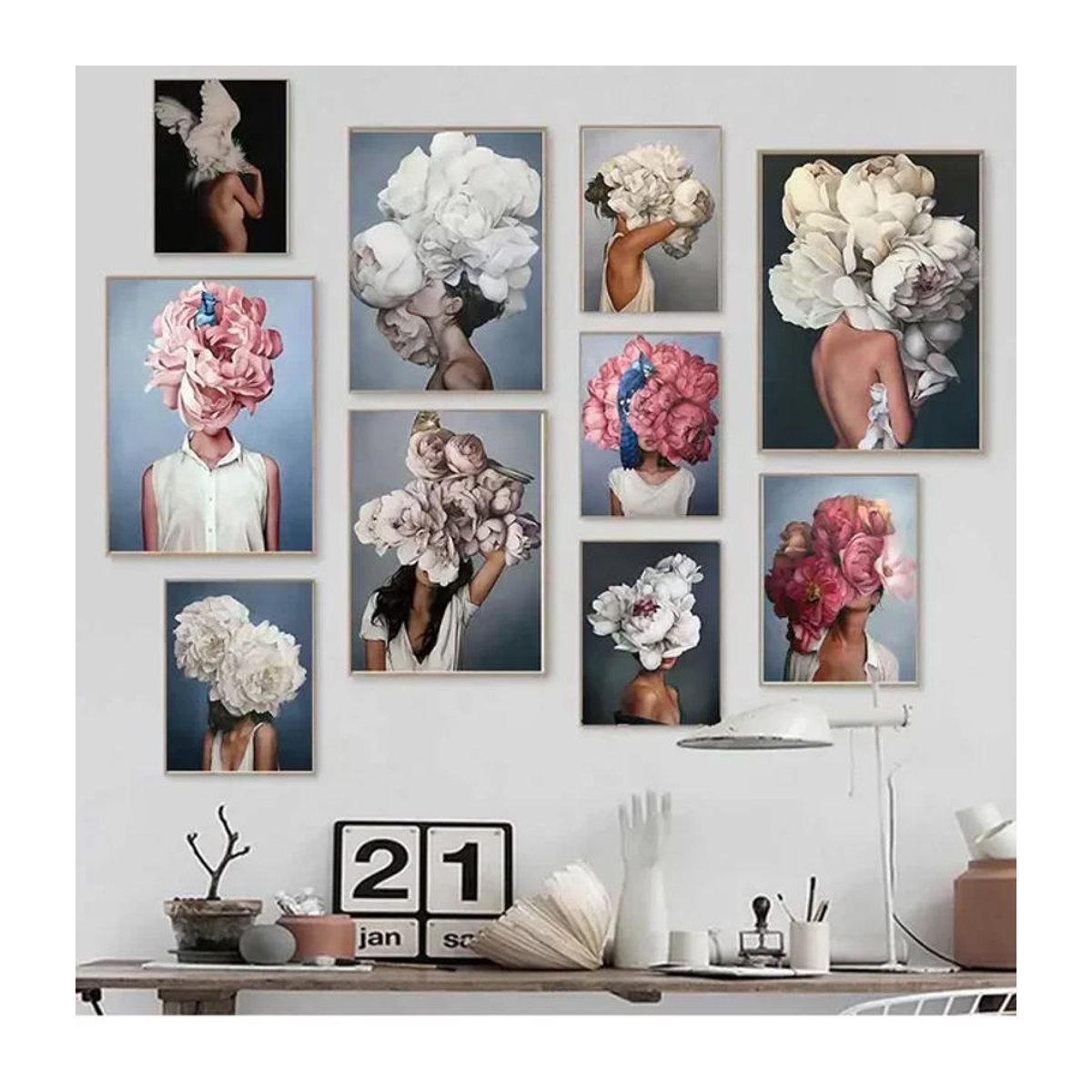 Potdemiel Abstrakte Leinwandmalerei mit Blumen und Federn in Mehrfarbig, Modernes Wandbild für dein Wohnzimmer - Bild 1