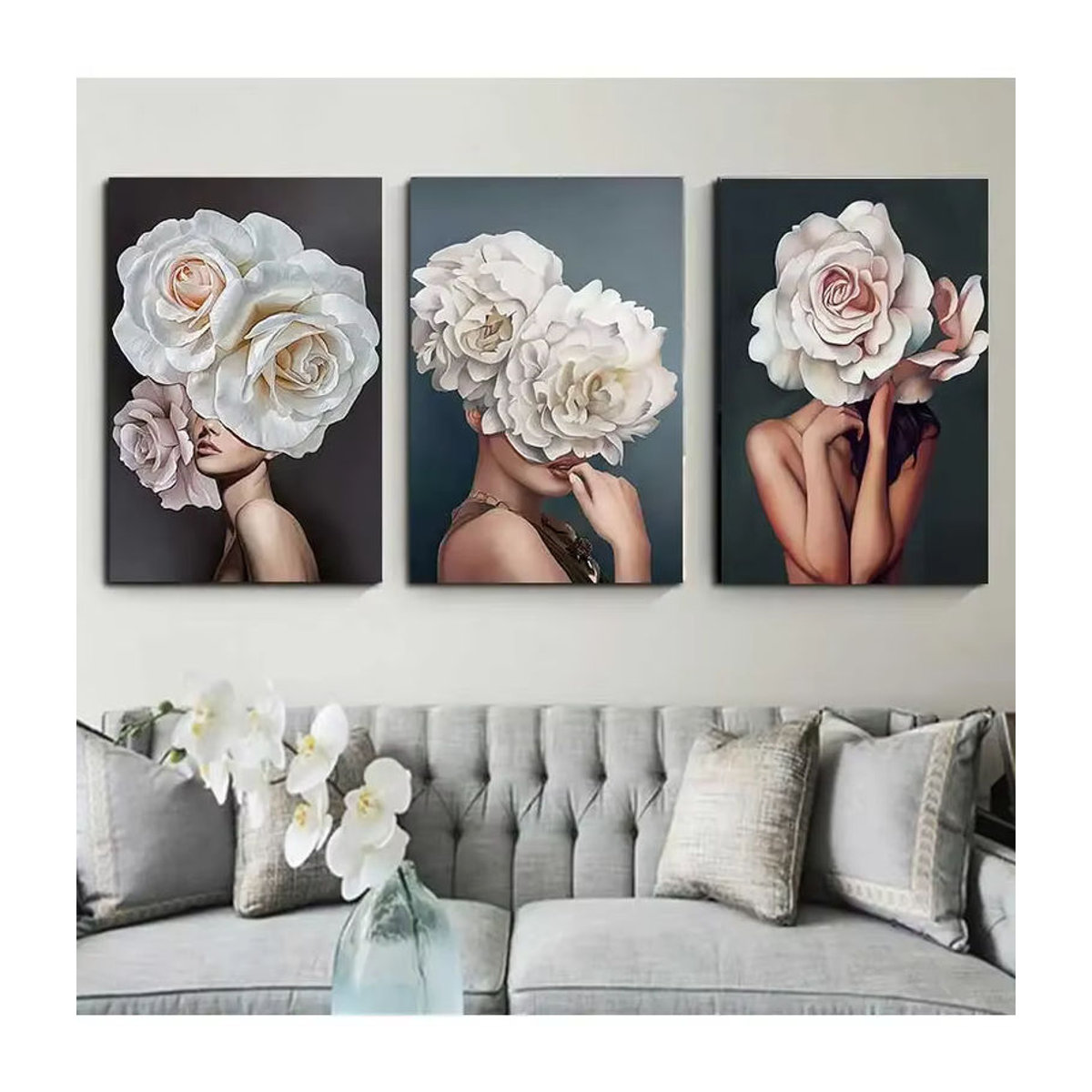 Potdemiel Abstrakte Leinwandmalerei mit Blumen und Federn in Mehrfarbig, Modernes Wandbild für dein Wohnzimmer - Bild 2