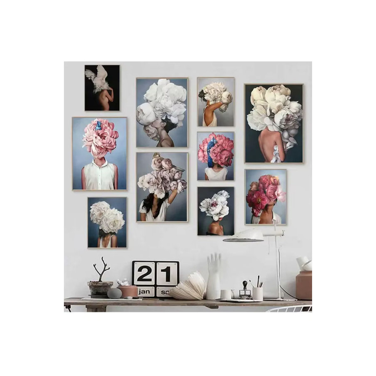 Potdemiel Abstrakte Leinwandmalerei mit Blumen und Federn in Mehrfarbig, Modernes Wandbild für dein Wohnzimmer - Bild 4