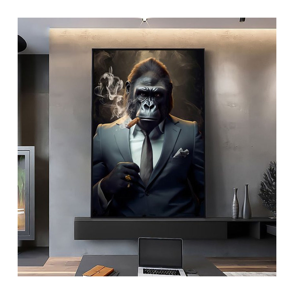 Potdemiel Abstrakte Leinwandmalerei Nordic Gorilla im Anzug – Mehrfarbiges Tier Poster für moderne Wohnkultur - Bild 1