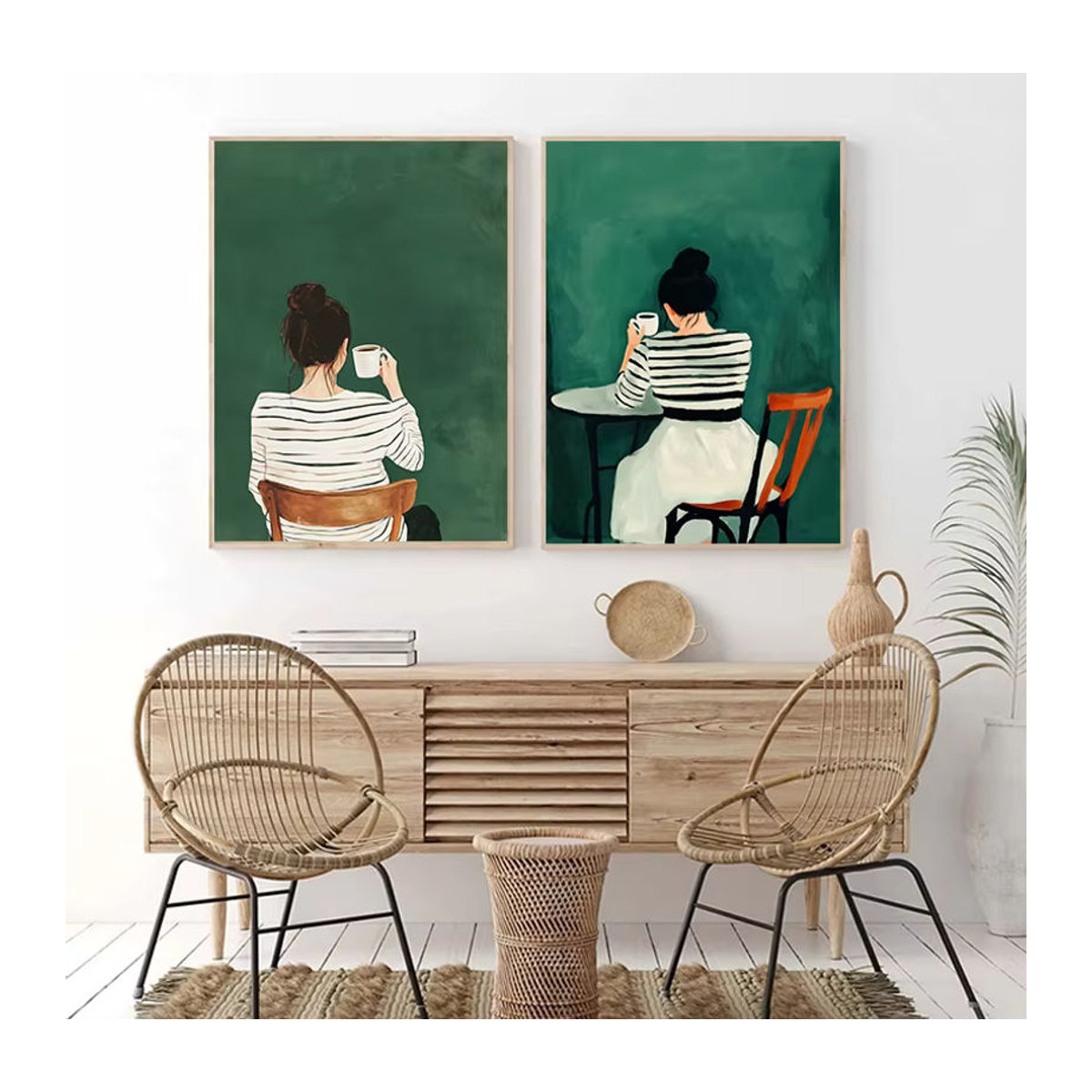 Potdemiel Abstrakte Leinwandmalerei Porträt einer Frau in Grün mit Streifen als moderne Wandkunst für dein Wohnzimmer - Bild 1