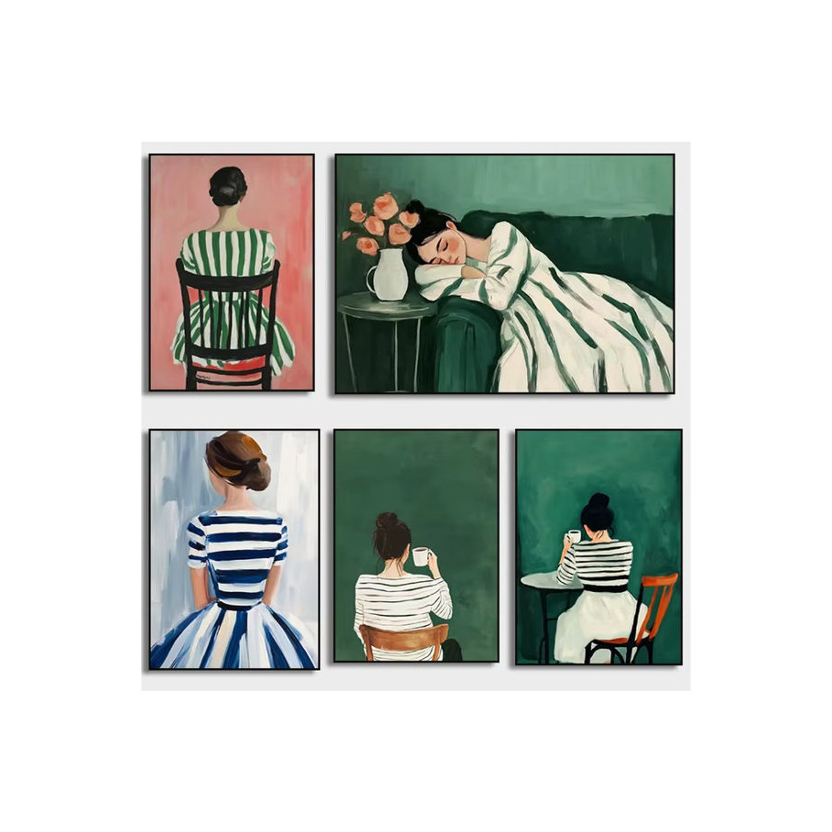 Potdemiel Abstrakte Leinwandmalerei Porträt einer Frau in Grün mit Streifen als moderne Wandkunst für dein Wohnzimmer - Bild 2