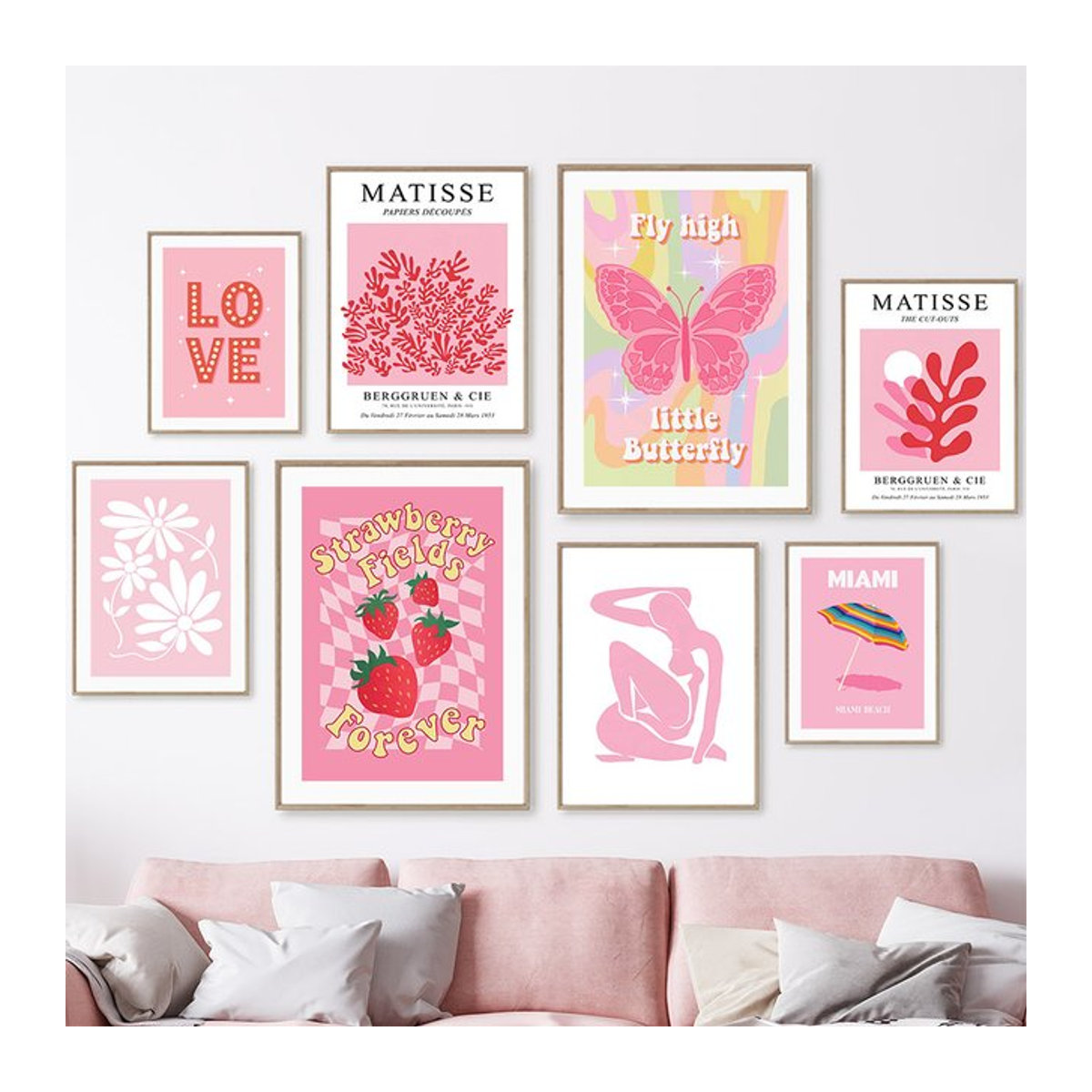 Potdemiel Abstrakte Leinwandmalerei Rosa Matisse Schmetterling und Blumen als Wandkunst im Hochformat - Bild 1