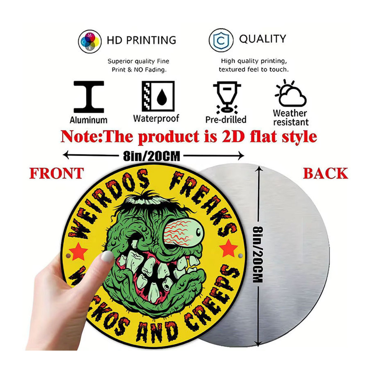 Potdemiel Aluminium-Metallschild Gothic Horror Monster Wanddekoration mit Text WEIRDOS FREAKS WACKOS AND CREEPS, Gelb, B/H: 20,32 x 20,32 cm - Bild 3