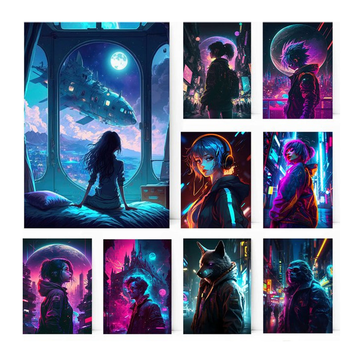 Potdemiel Anime Mädchen Biest Manga Neon Lit Leinwand Wandkunst Porträt in Mehrfarbig - Bild 1