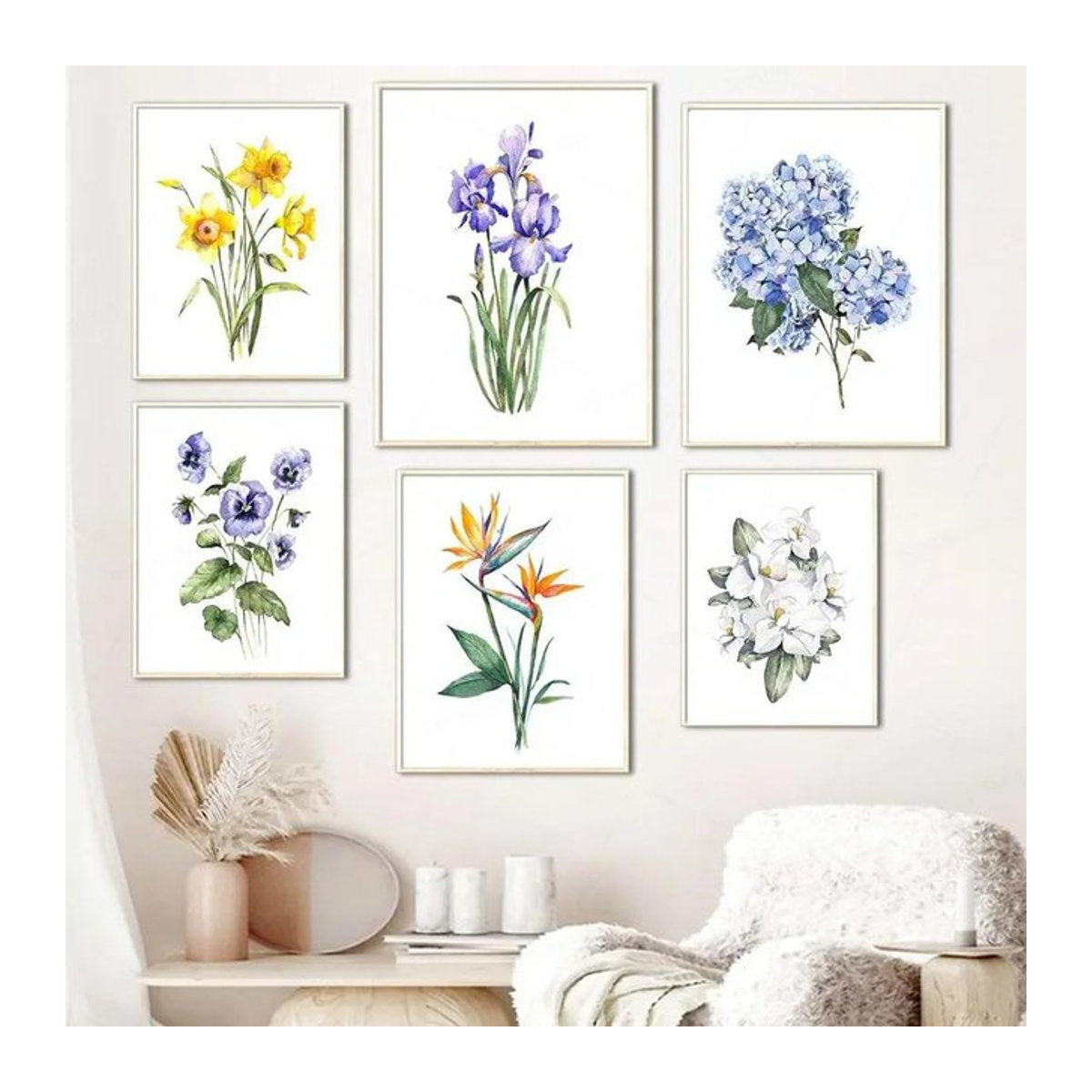 Potdemiel Aquarell-Wildblumen-Kunst Wandbild mit blauen Iris und Hortensien als moderner Leinwanddruck in Hochformat - Bild 1