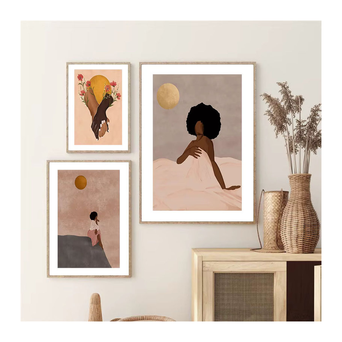 Potdemiel Boho Leinwandbild mit Frau, Sonne, Mond und Monstera Blättern in Schwarz und Mehrfarbig für deine Wohnzimmer Dekoration - Bild 1
