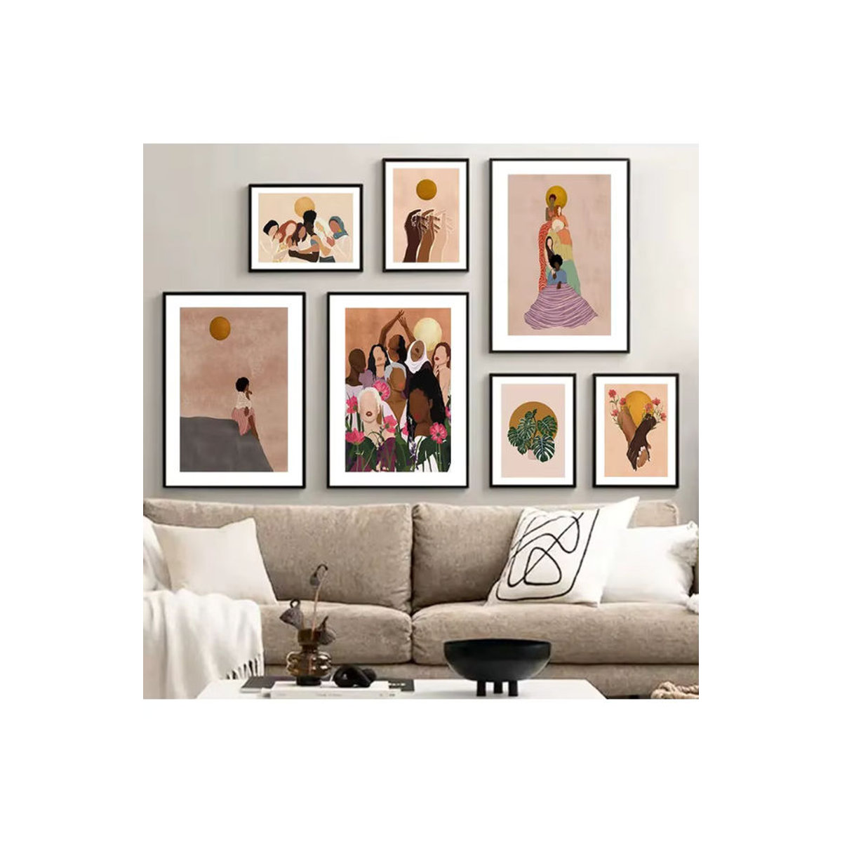 Potdemiel Boho Leinwandbild mit Frau, Sonne, Mond und Monstera Blättern in Schwarz und Mehrfarbig für deine Wohnzimmer Dekoration - Bild 3