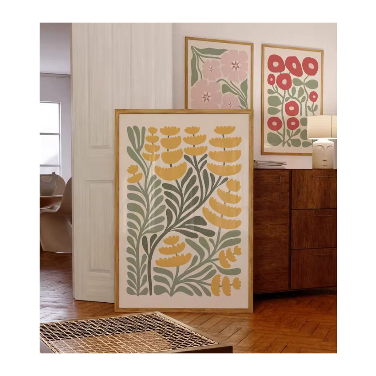 Potdemiel Boho Wandkunst Leinwand mit abstrakten floralen Blumenmotiven in Terrakotta und Braun, Vintage botanische Dekoration für dein Wohnzimmer - Bild 1