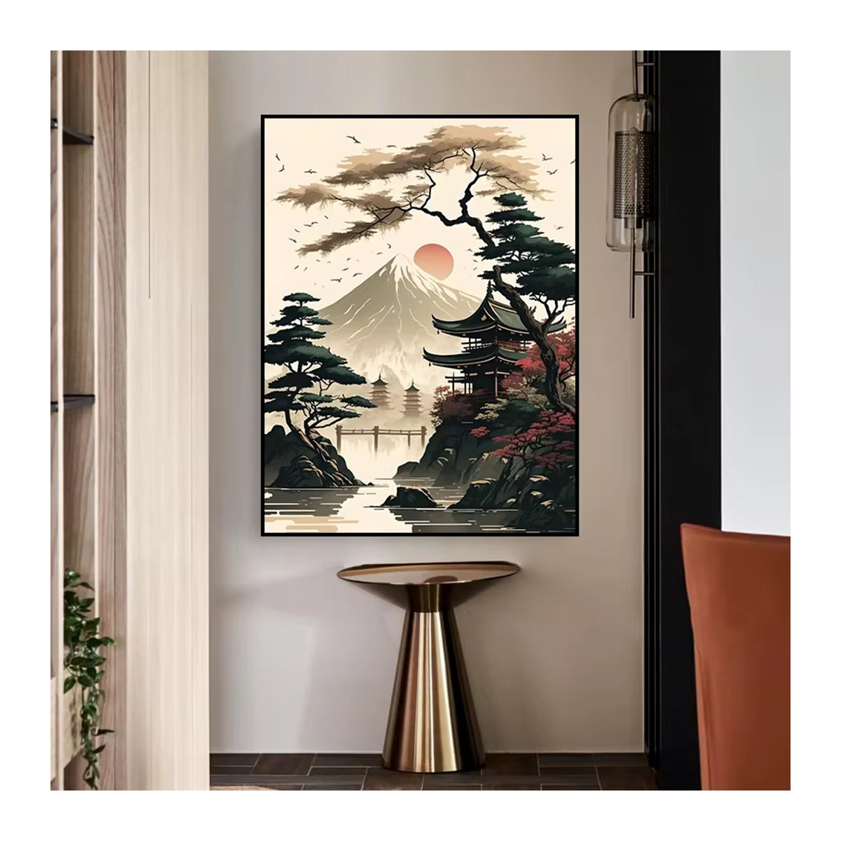 Potdemiel Chinesische Landschaft Wandkunst Leinwand mit Wald, Berg, Fluss, Kranich und Pflaumenblüte in Mehrfarbig, Hochformat - Bild 2