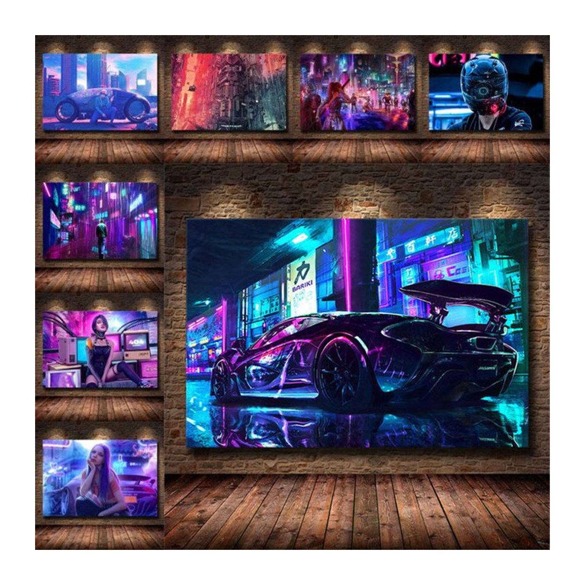 Potdemiel Cyberpunk und Auto Leinwandbild in Lila, moderne abstrakte Wandkunst für die Kinderzimmerdekoration im Querformat - Bild 1
