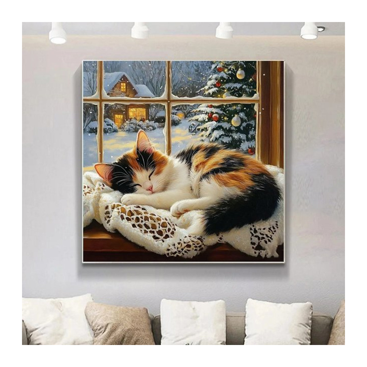 Potdemiel Diamant-Malset Rund: Schlafende Katze in Winterlandschaft als DIY-Mosaik-Stickerei in Mehrfarbig - Bild 1