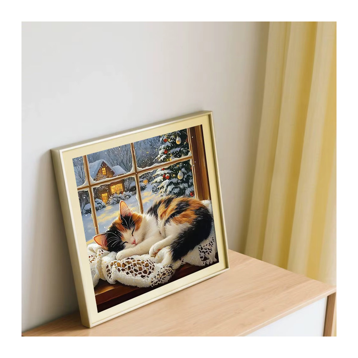 Potdemiel Diamant-Malset Rund: Schlafende Katze in Winterlandschaft als DIY-Mosaik-Stickerei in Mehrfarbig - Bild 3
