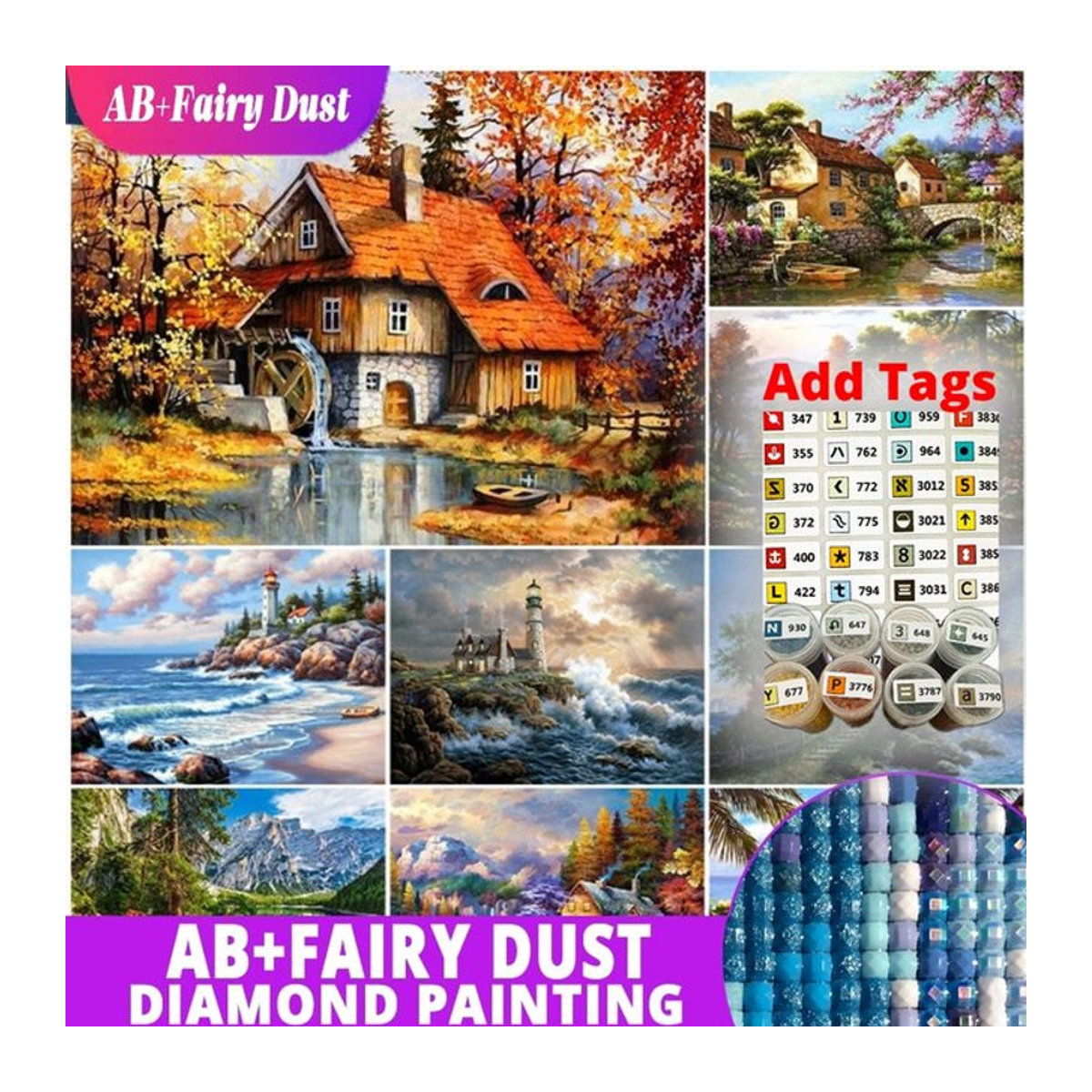 Potdemiel Diamantmalerei Set Fairy Dust AB mit DMC-Aufklebern, 5D Villa-Landschaft Wald und Bach, Mosaik Stickerei in Mehrfarbig, Quadratisch - Bild 1
