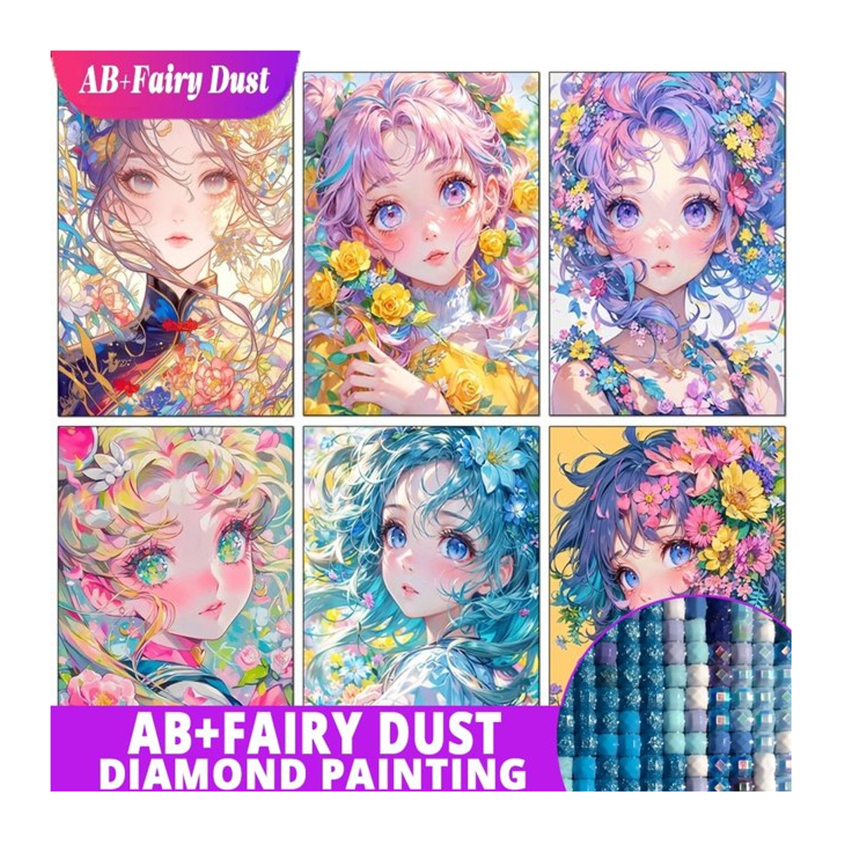 Potdemiel Diamond Painting Set AB Fairy Dust 5D Diamantmalerei mit Cartoon Mädchen und Blumen, Mehrfarbig, Rund, Durchmesser: 25 cm - Bild 1