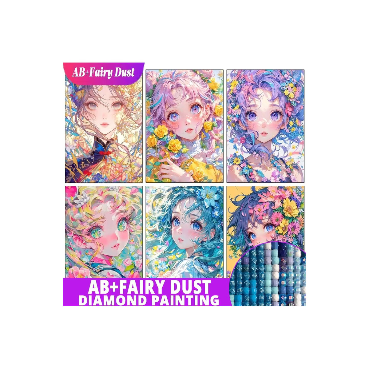 Potdemiel Diamond Painting Set AB Fairy Dust 5D Diamantmalerei mit Cartoon Mädchen und Blumen, Mehrfarbig, Rund, Durchmesser: 25 cm - Bild 4