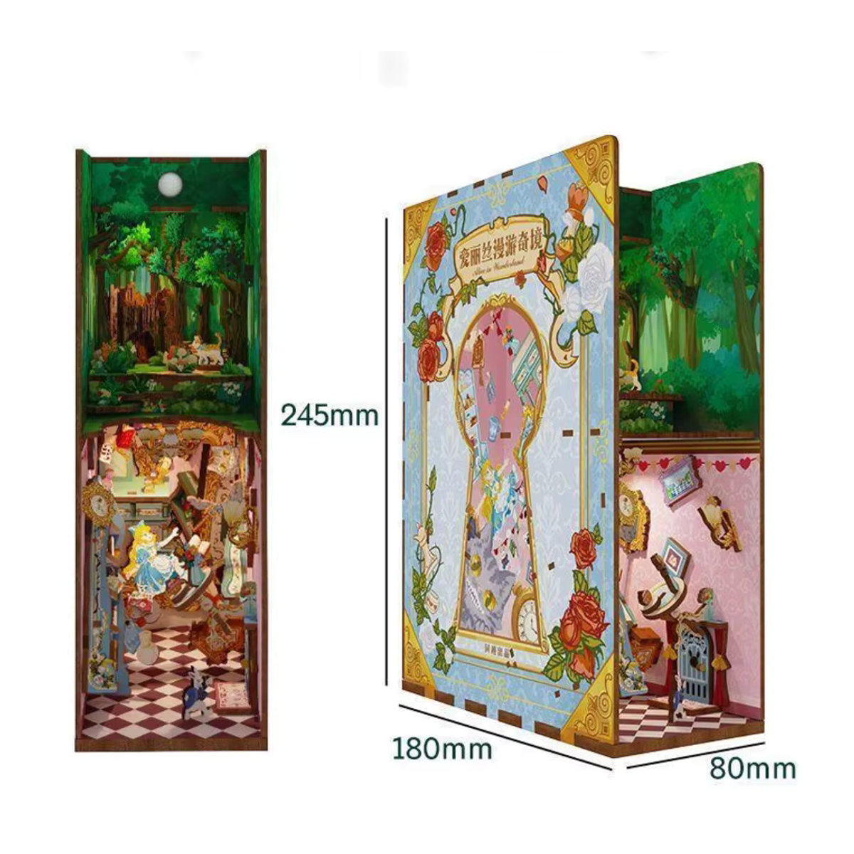 Potdemiel DIY Holz Buchecke Alice im Wunderland Regaleinsatz Kit Microlandscape Desktop Bücherregal Ornamente in Braun und Mehrfarbig - Bild 6