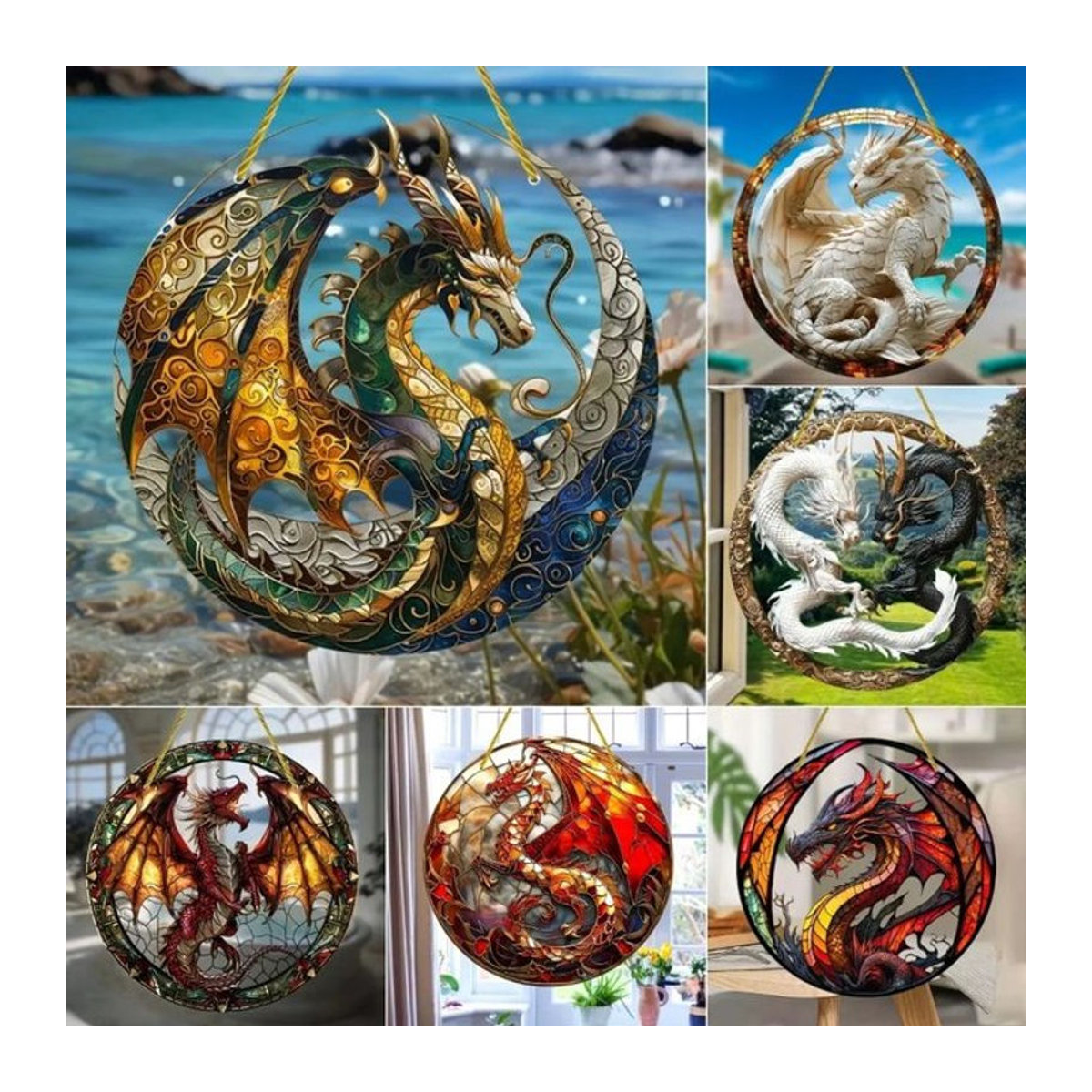 Potdemiel Fliegender Drache Buntglas-Sonnenfänger aus Acryl, runder Fenster-Hängefänger in Mehrfarbig, Orientalische Dekoration für Zuhause, Garten und Büro - Bild 1