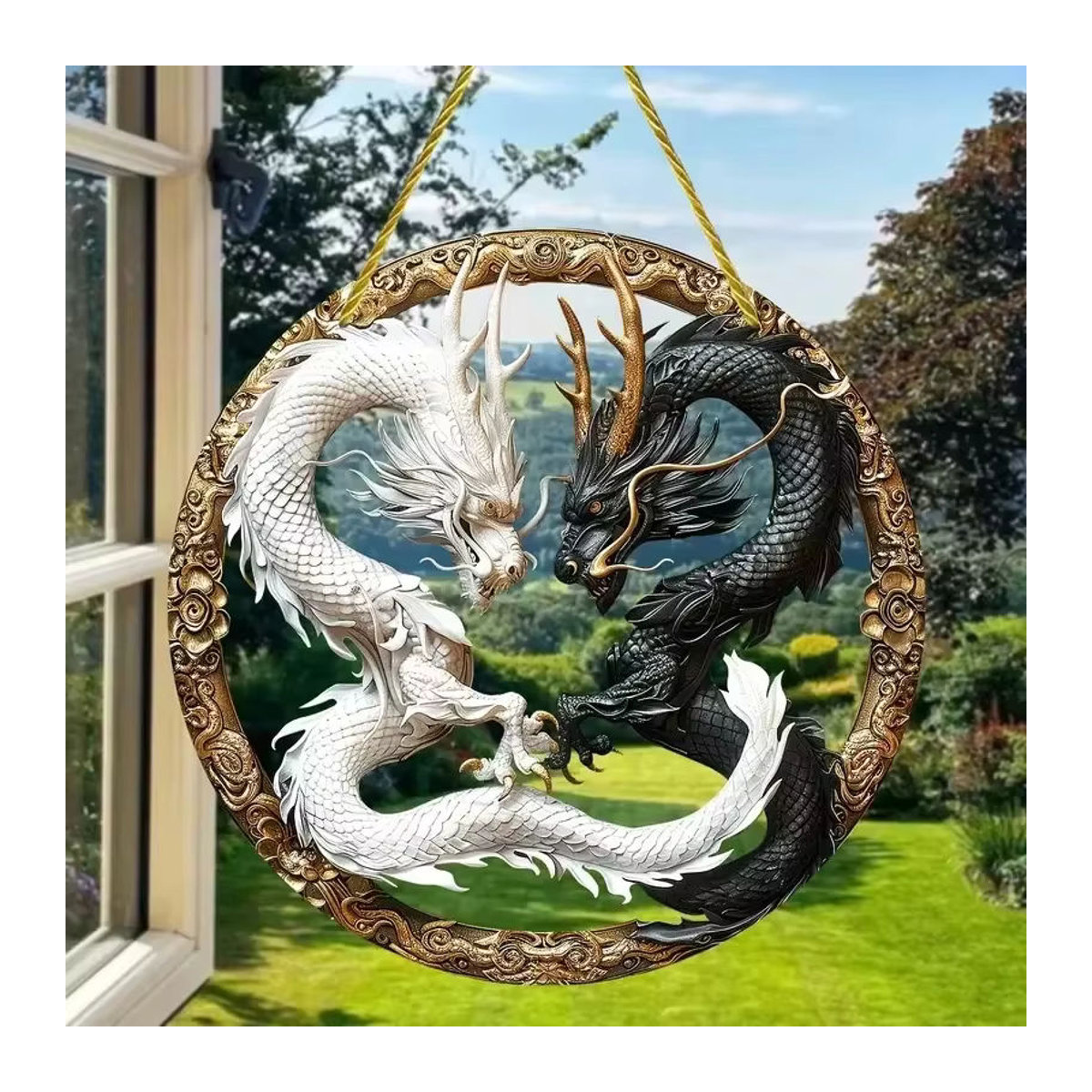 Potdemiel Fliegender Drache Buntglas-Sonnenfänger aus Acryl, runder Fenster-Hängefänger in Mehrfarbig, Orientalische Dekoration für Zuhause, Garten und Büro - Bild 2
