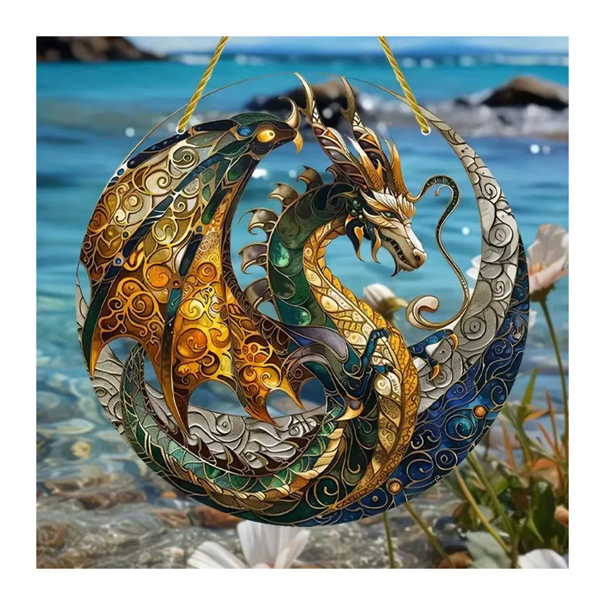 Potdemiel Fliegender Drache Buntglas-Sonnenfänger aus Acryl, runder Fenster-Hängefänger in Mehrfarbig, Orientalische Dekoration für Zuhause, Garten und Büro - Bild 3